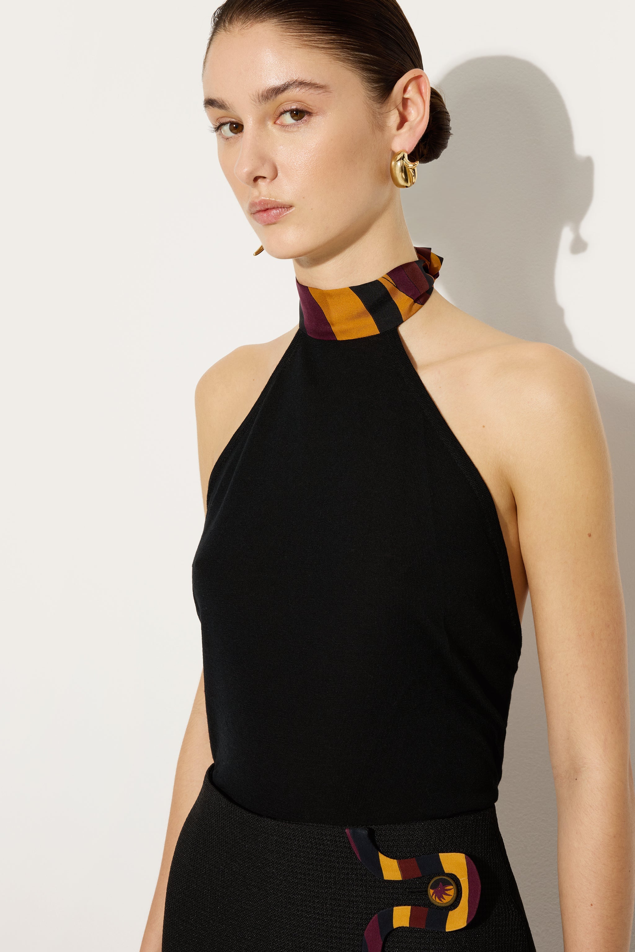 Emilio Pucci Top laine noire foulard soie S col américain