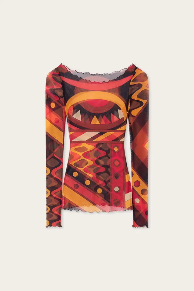 Emilio Pucci Vivara top en tulle orange noir manches longues