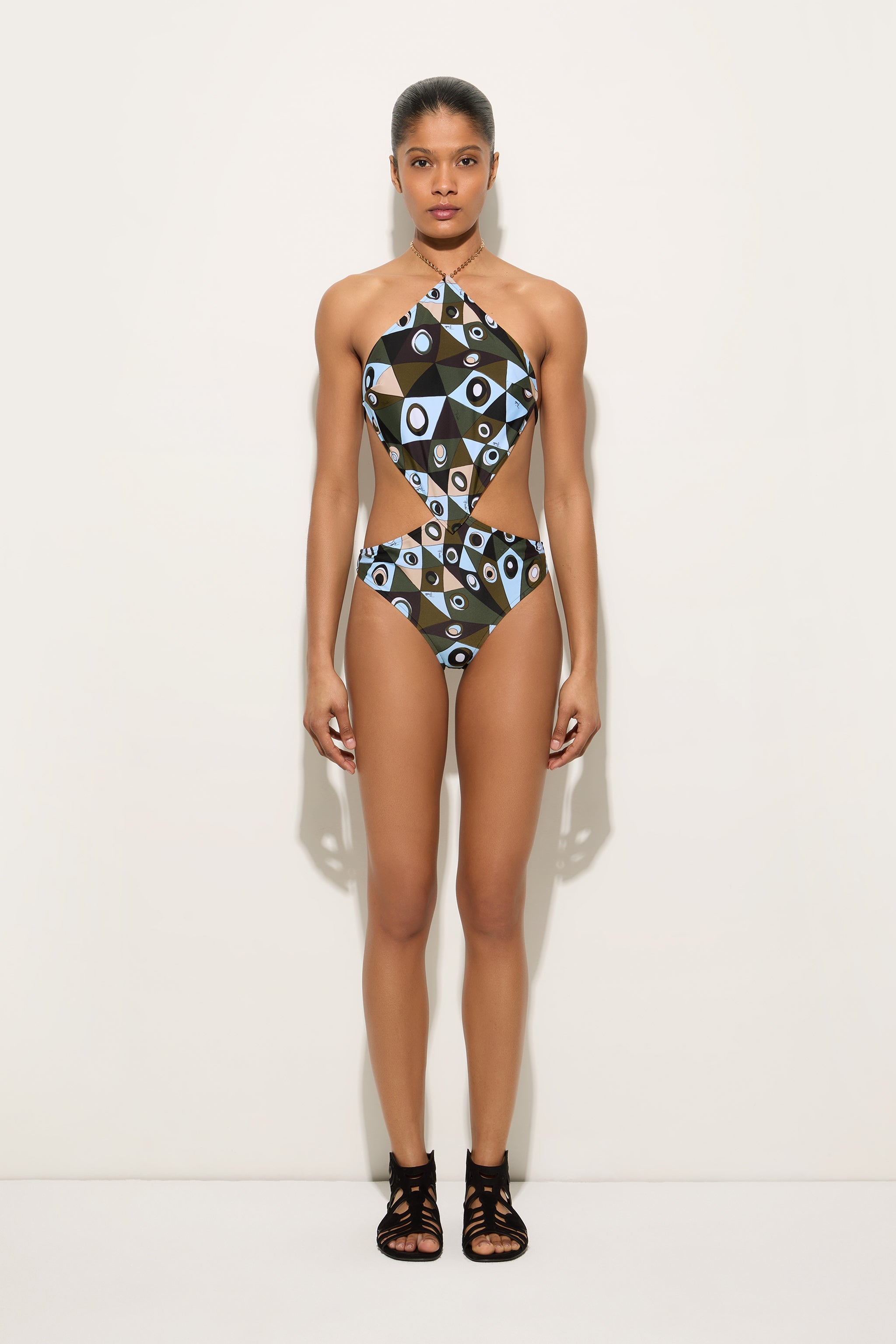 Emilio Pucci Trikini Stampa Occhi maillot lycra kaki bleu
