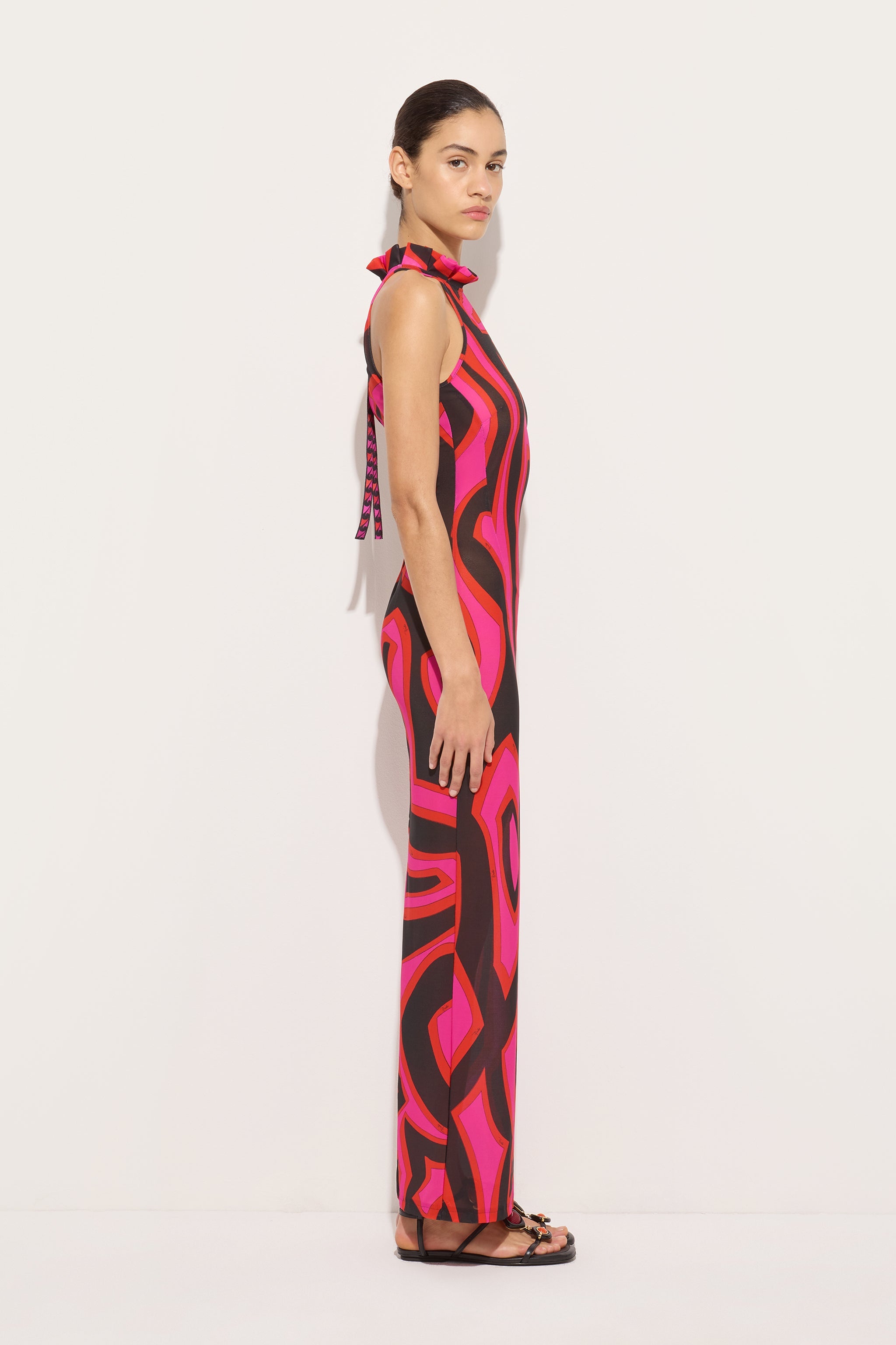 Emilio Pucci Labirinto robe moulante fuchsia noir maille volant