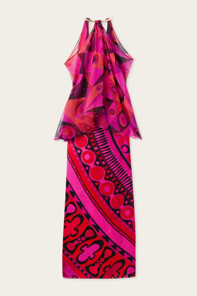 Emilio Pucci Robe Longue Occhi Fuchsia Noir 38 Soie