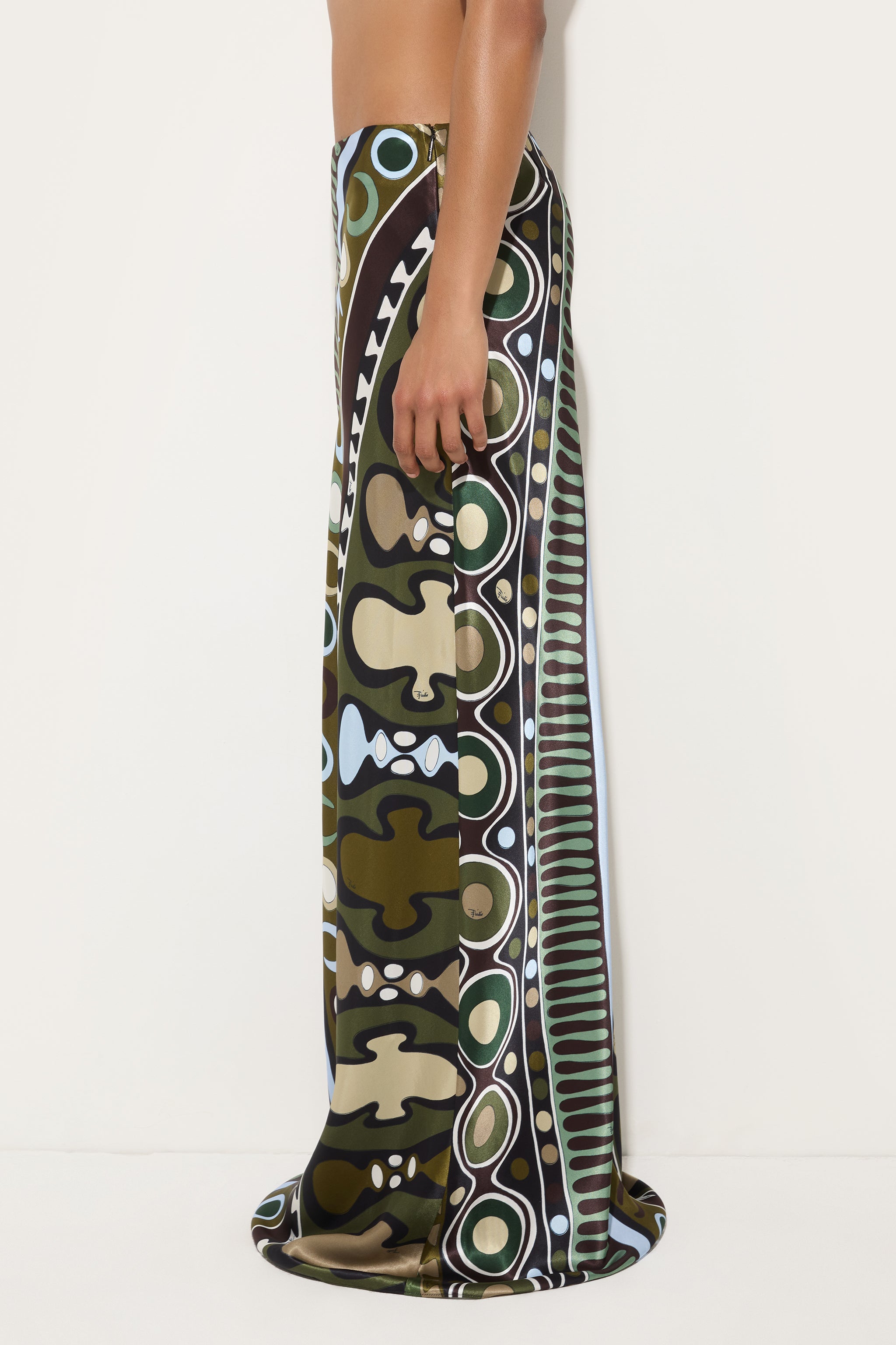 Emilio Pucci Soleil Jupe Longue Khaki/Blue satin