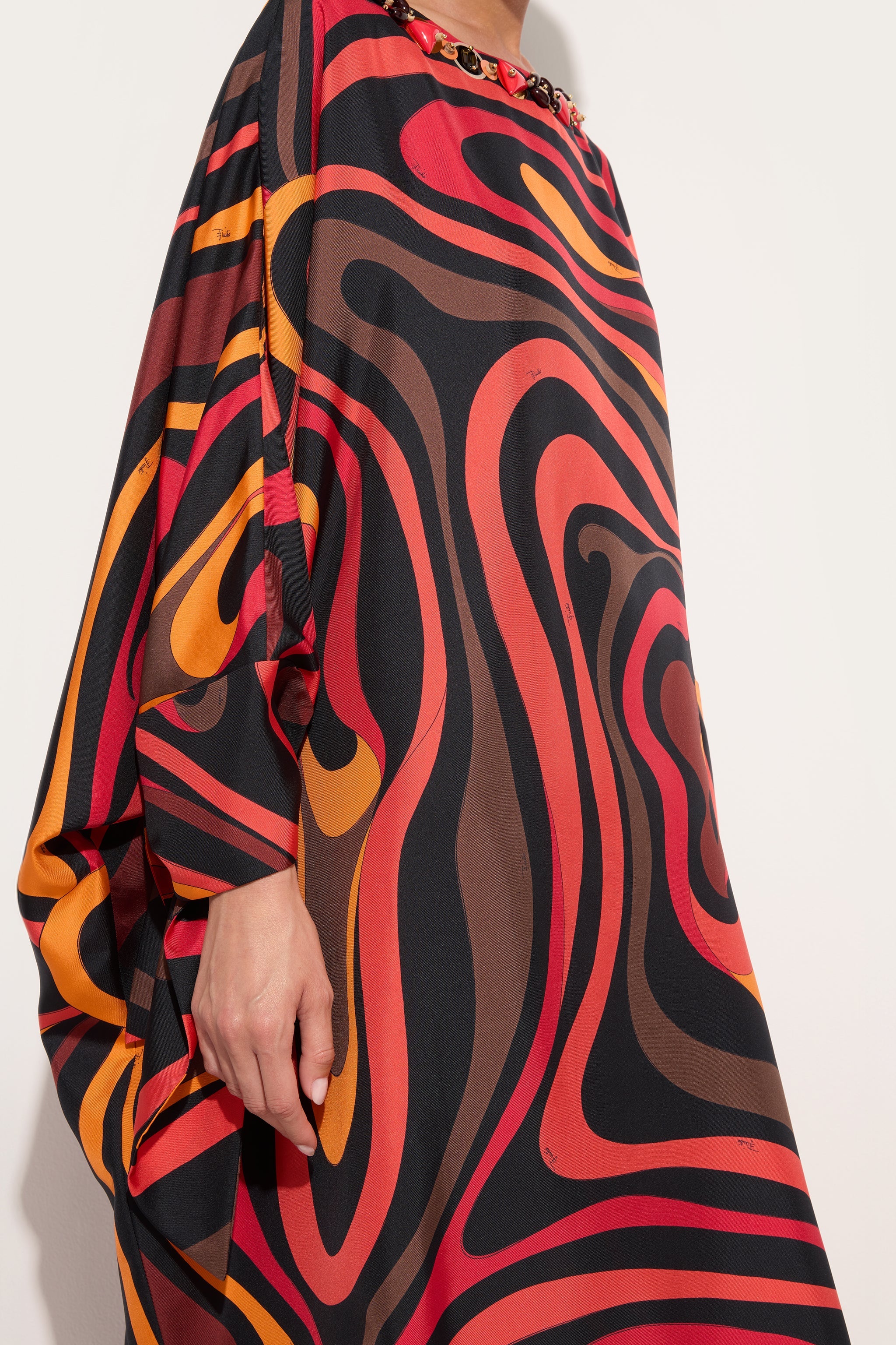 Emilio Pucci Marmo caftan soie orange noir broderie OS