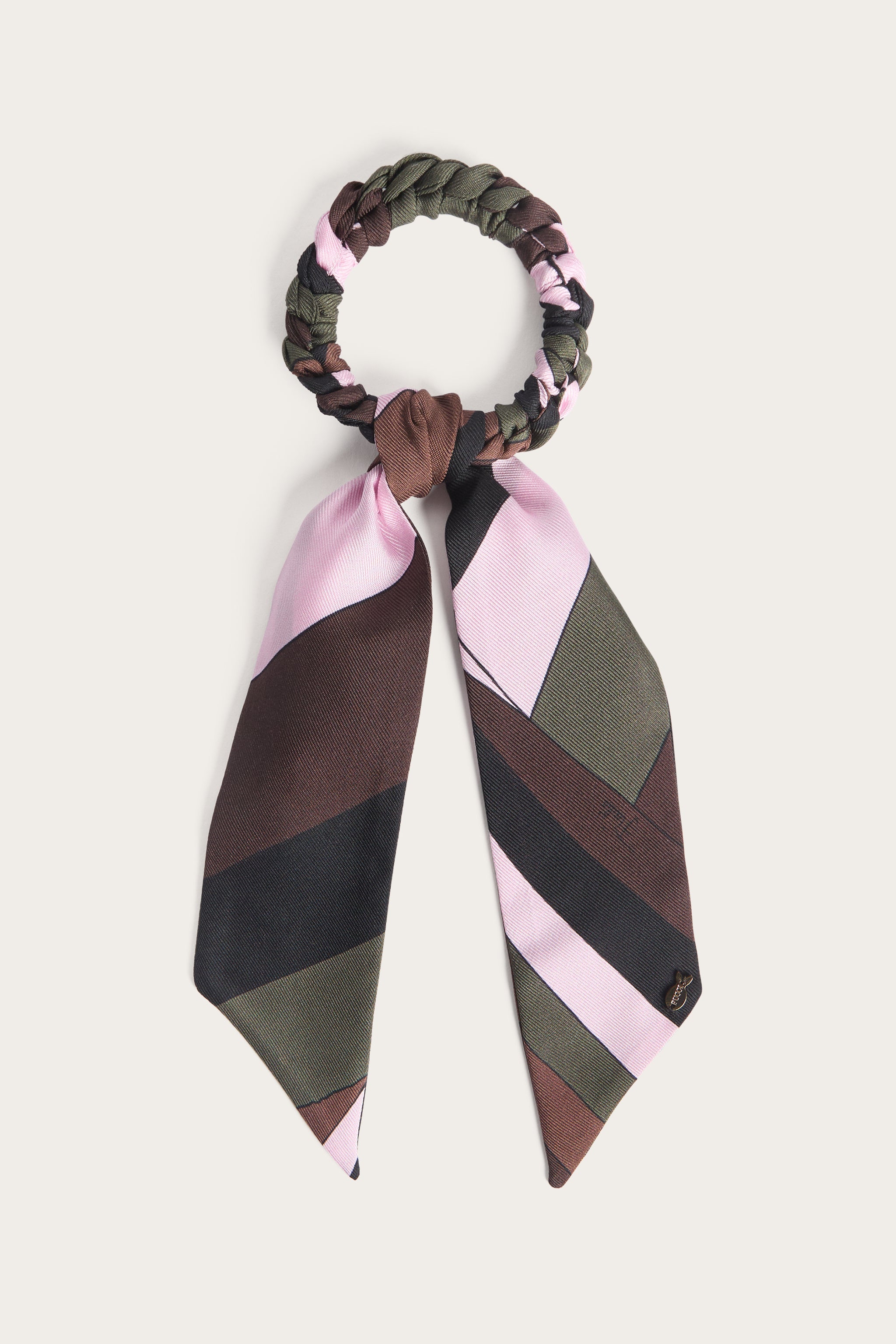 Emilio Pucci chouchou foulard soie kaki rose OS
