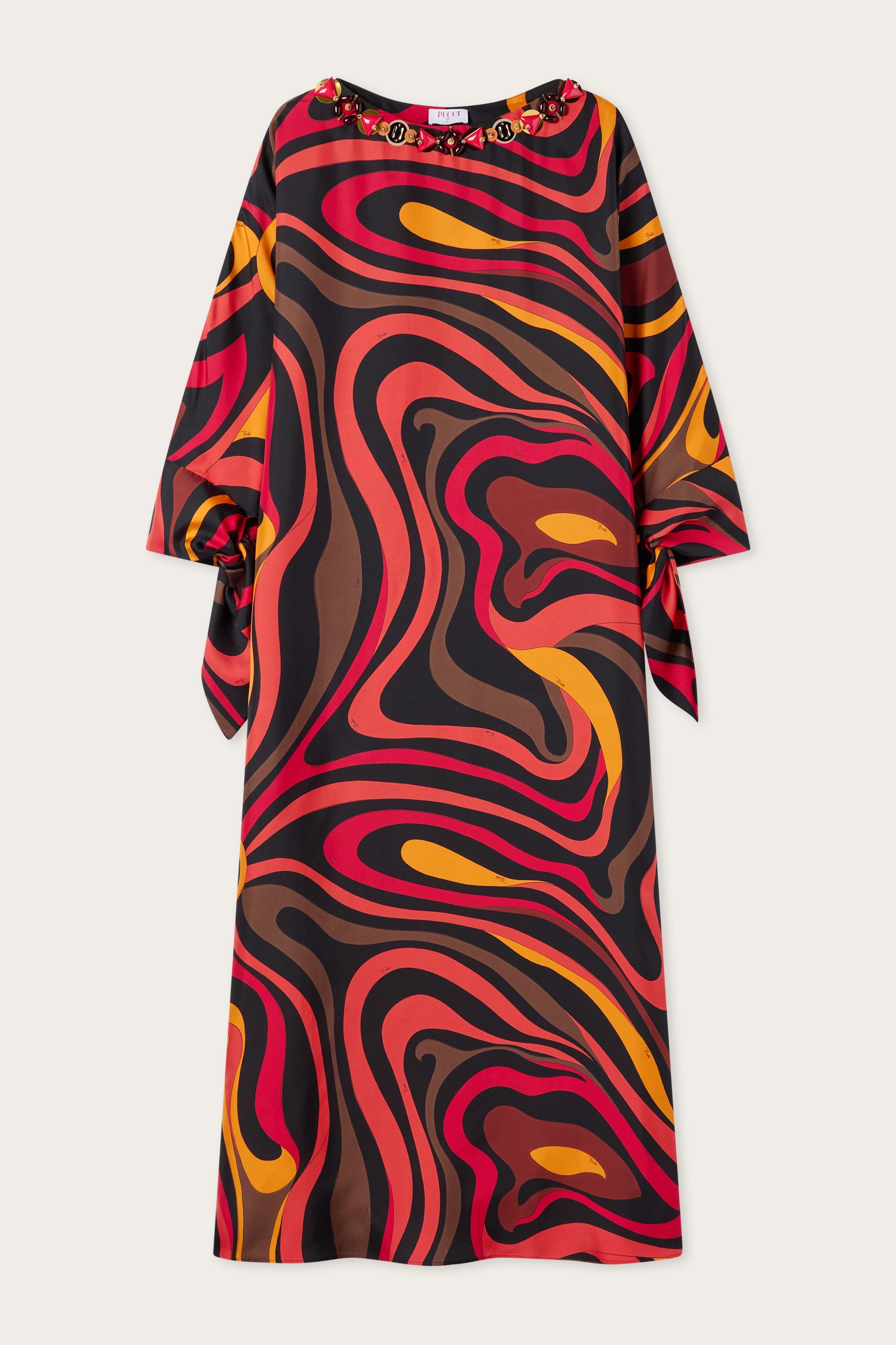 Emilio Pucci Marmo caftan soie orange noir broderie OS