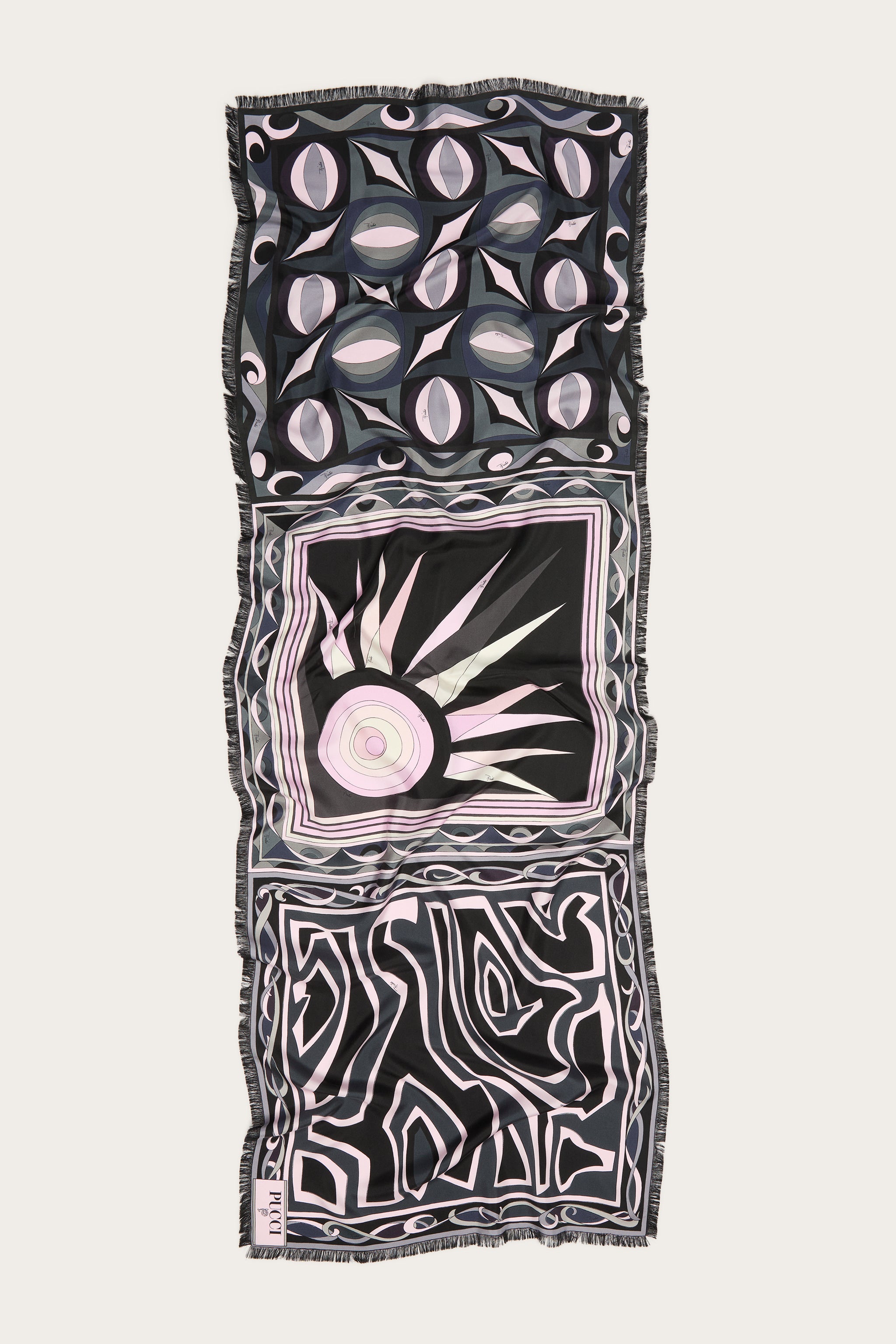 Emilio Pucci Silks étole soie noire rose frangée