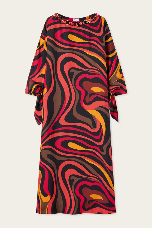 Emilio Pucci Marmo caftan soie orange noir broderie OS
