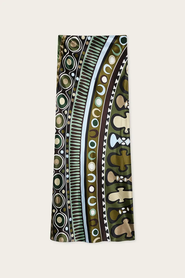 Emilio Pucci Soleil Jupe Longue Khaki/Blue satin