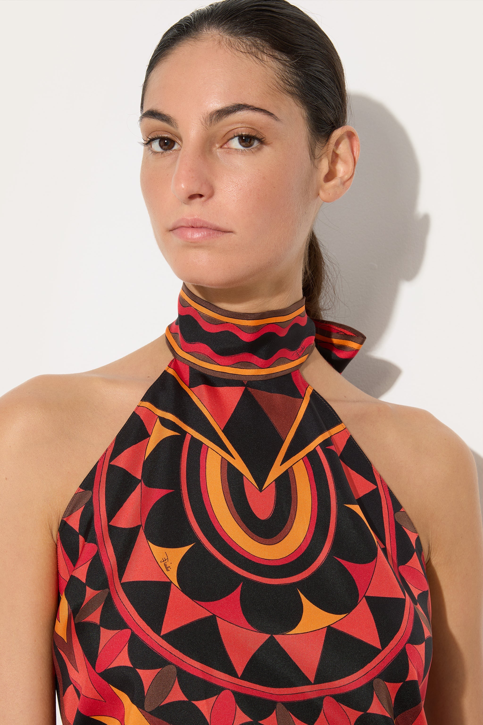 Emilio Pucci Manuba top orange noir soie sans bretelles