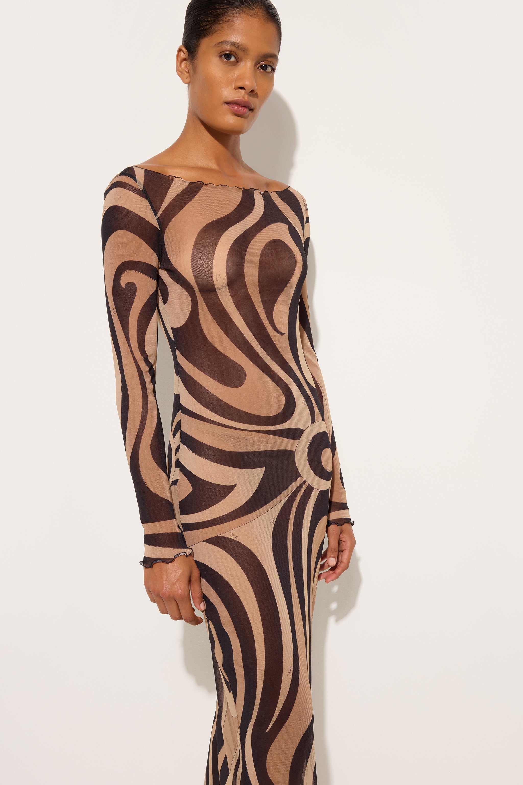 Emilio Pucci robe longue tulle beige noir Marmo adhérente