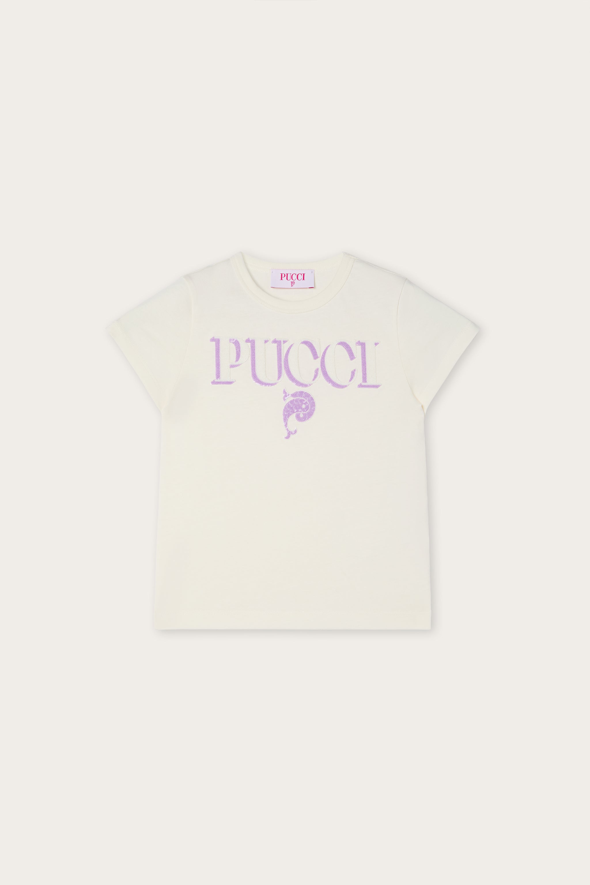 Emilio Pucci Junior T-Shirt Coton Ivoire Lilas Paillettes