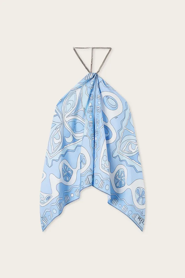 Emilio Pucci Top Soie Angoli Bleu Clair Chaine Cou