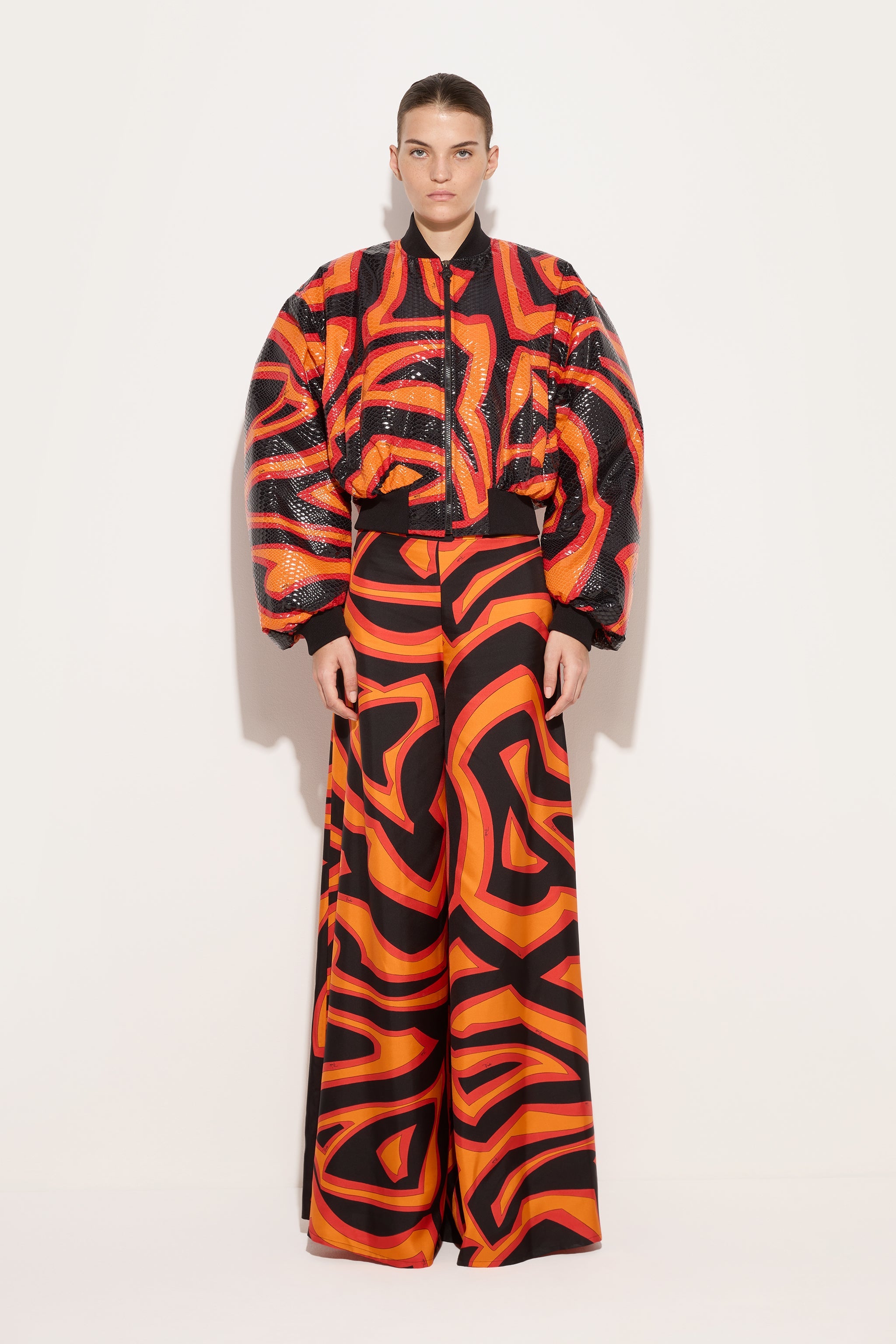 Emilio Pucci Labirinto pantalon palazzo soie orange noir