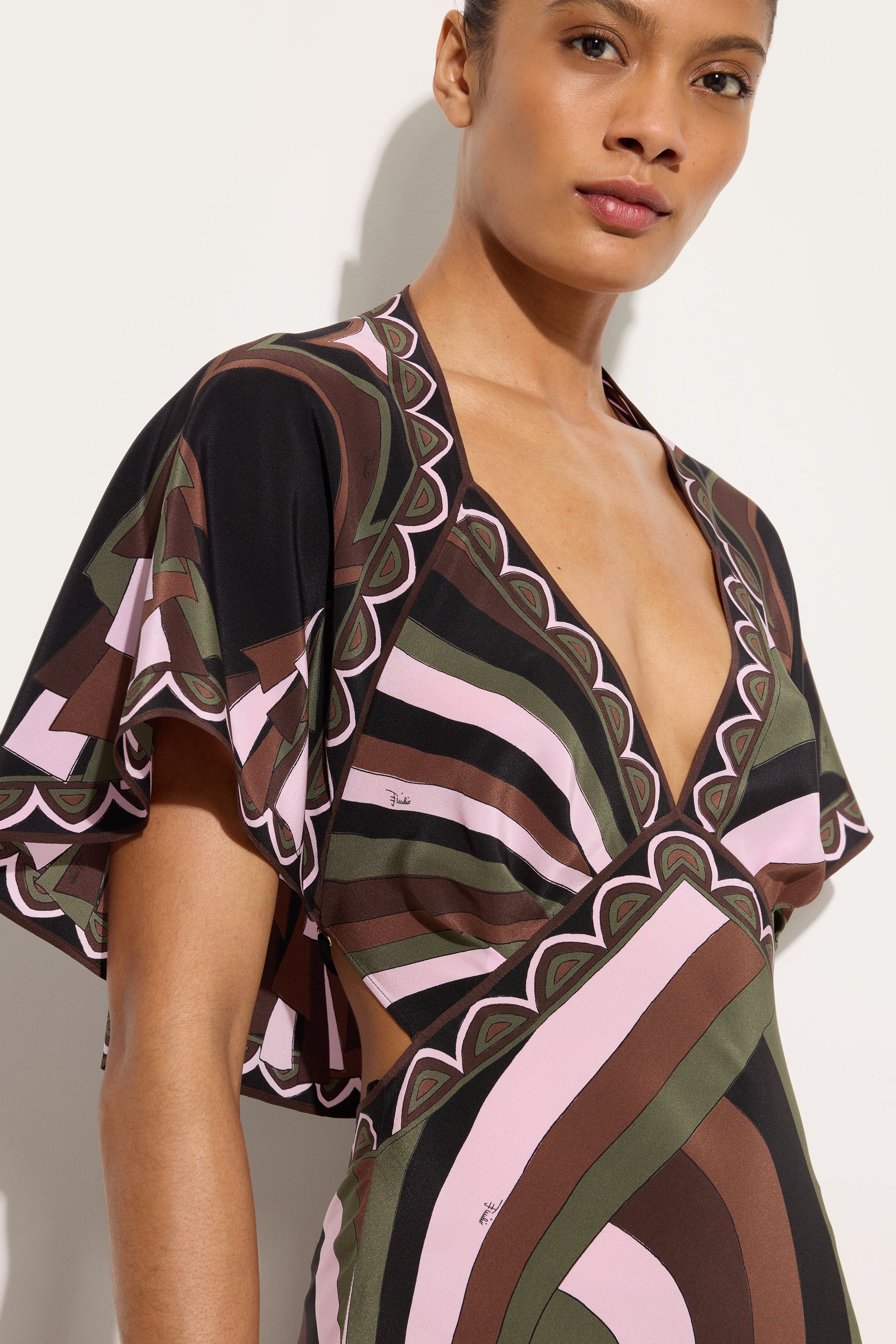 Emilio Pucci Iride robe longue kaki rose soie