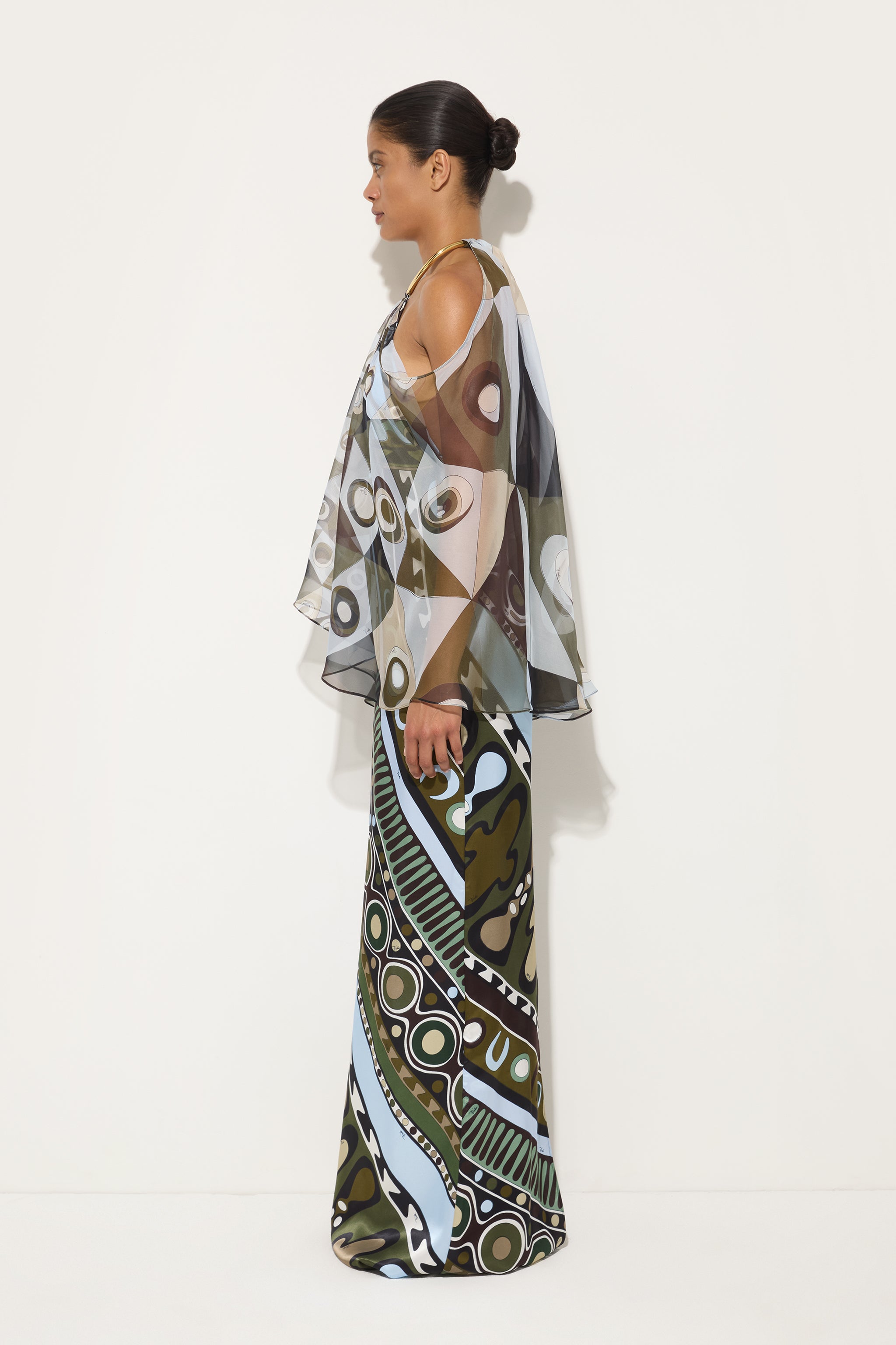 Emilio Pucci Occhi Robe Soie Kaki Bleu 38