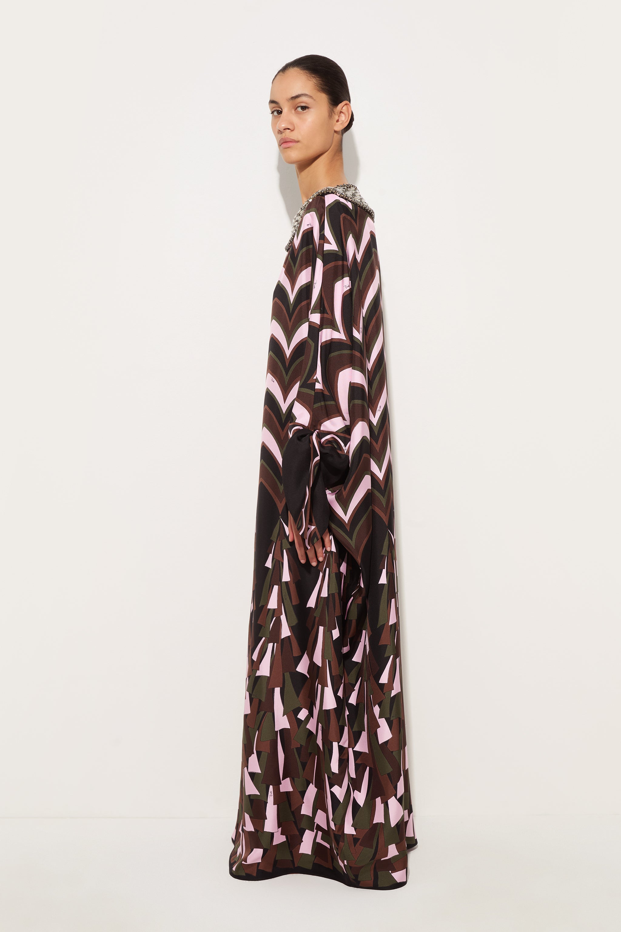 Emilio Pucci Caftano caftan soie kaki rose brodé main