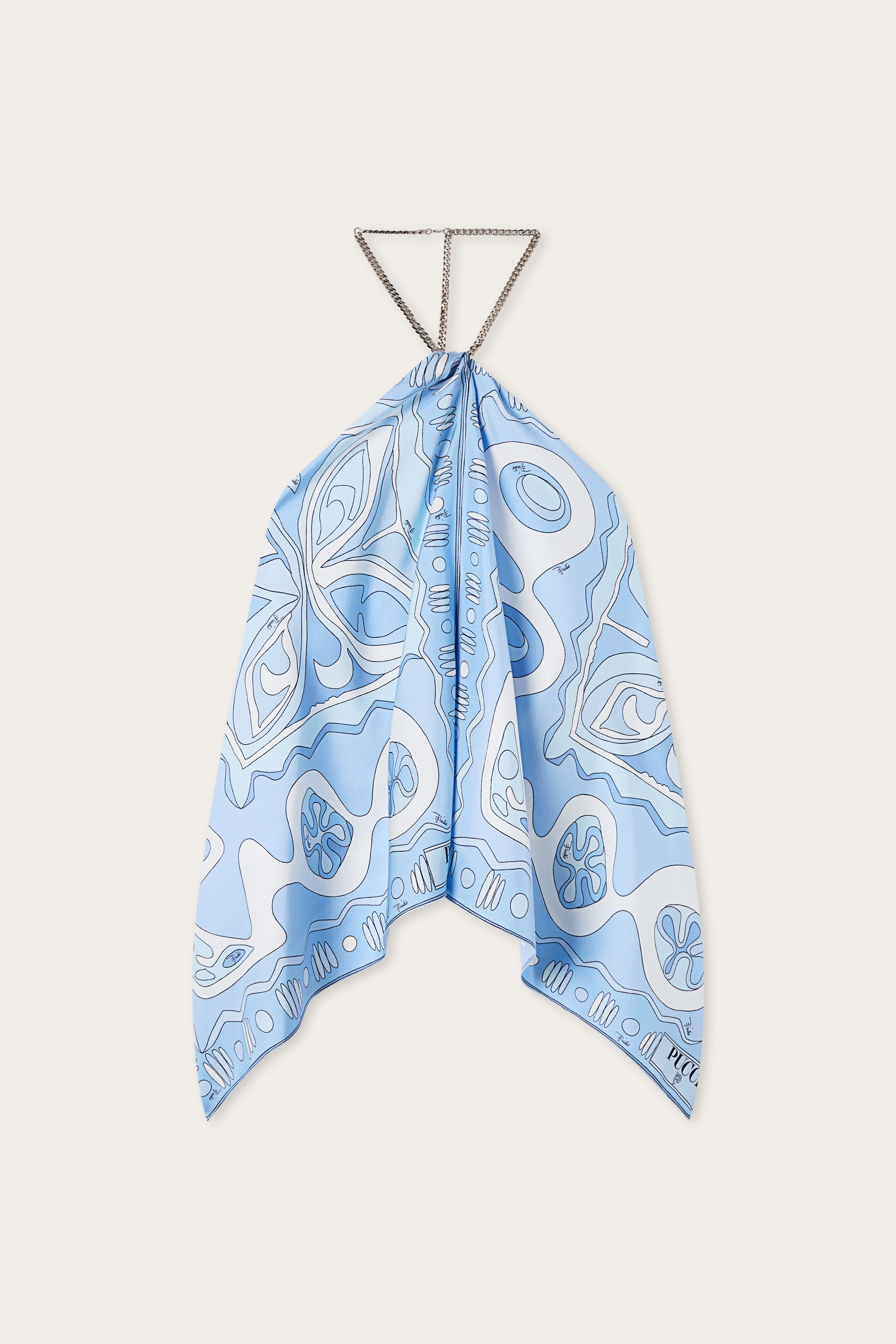Emilio Pucci Top Soie Angoli Bleu Clair Chaine Cou