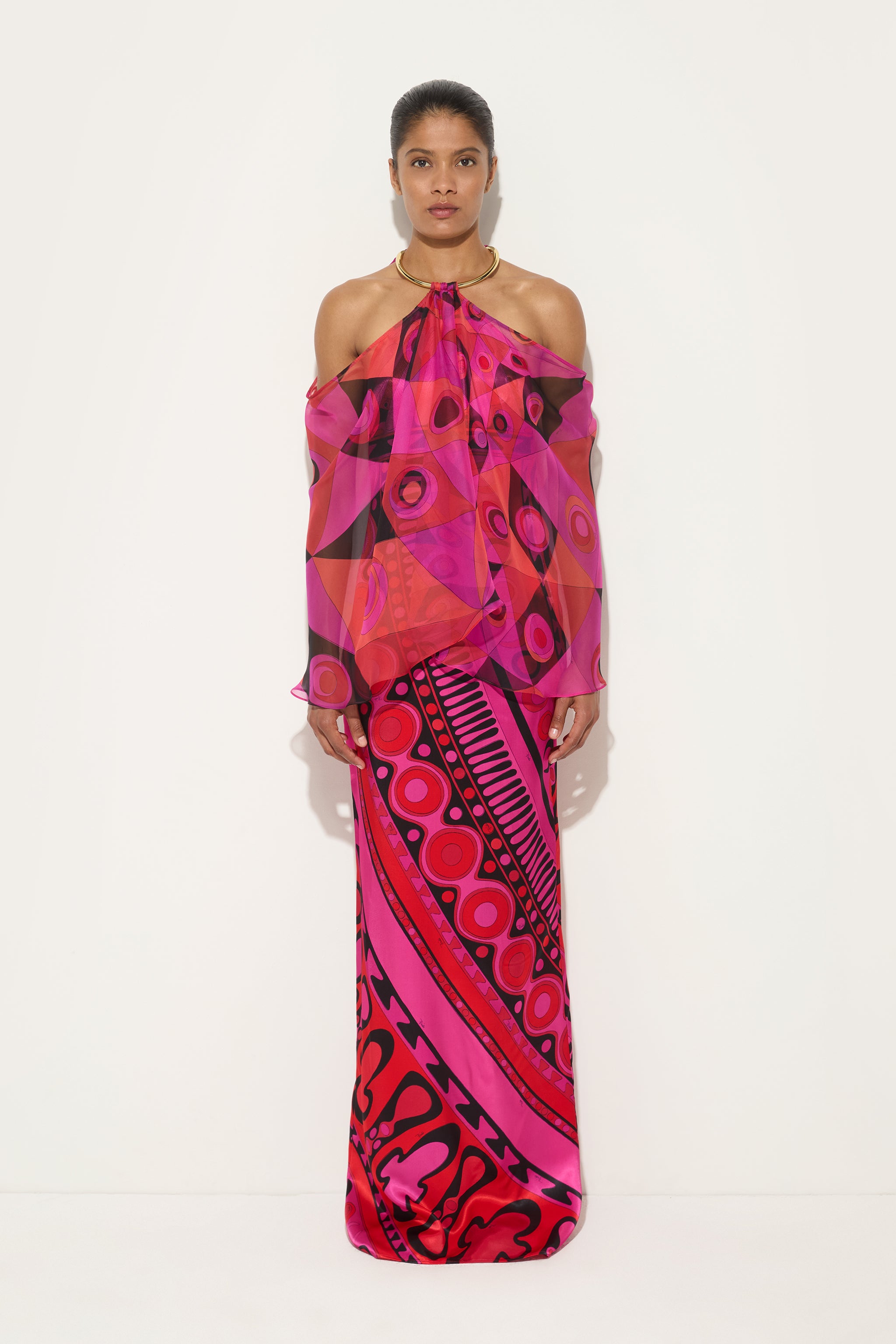 Emilio Pucci Robe Longue Occhi Fuchsia Noir 38 Soie