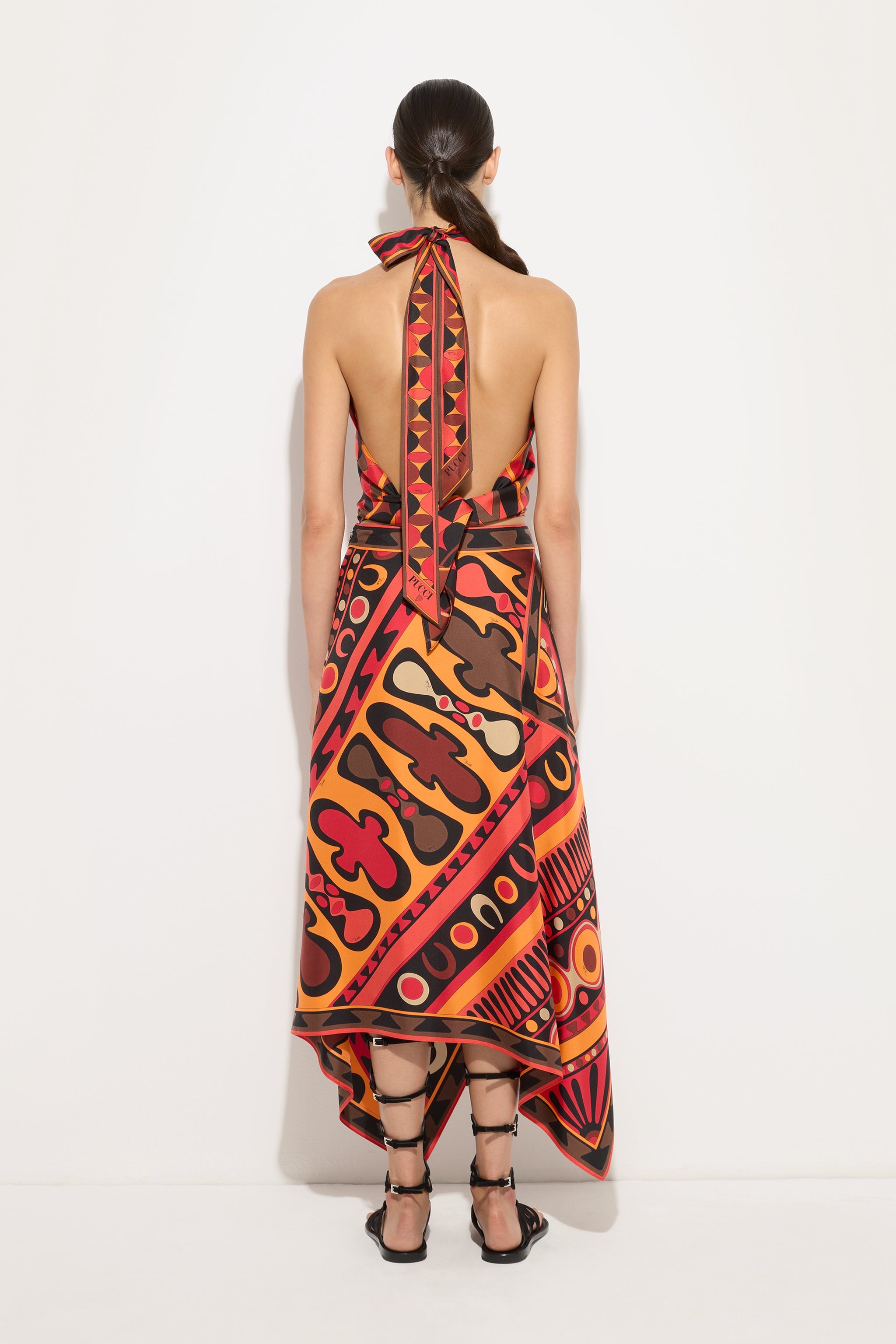 Emilio Pucci Manuba top orange noir soie sans bretelles