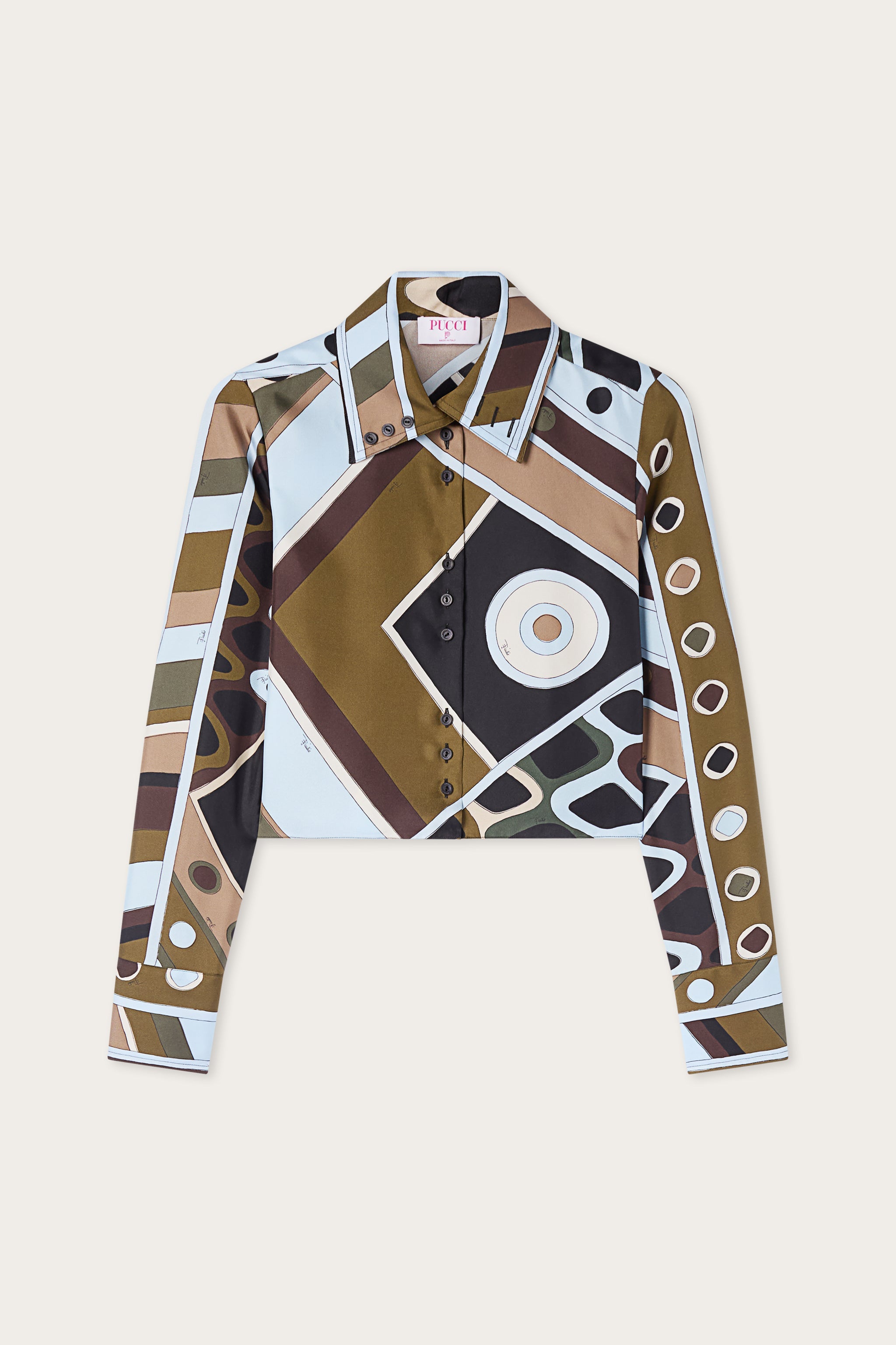 Emilio Pucci Vivara chemise crop kaki bleu soie 38