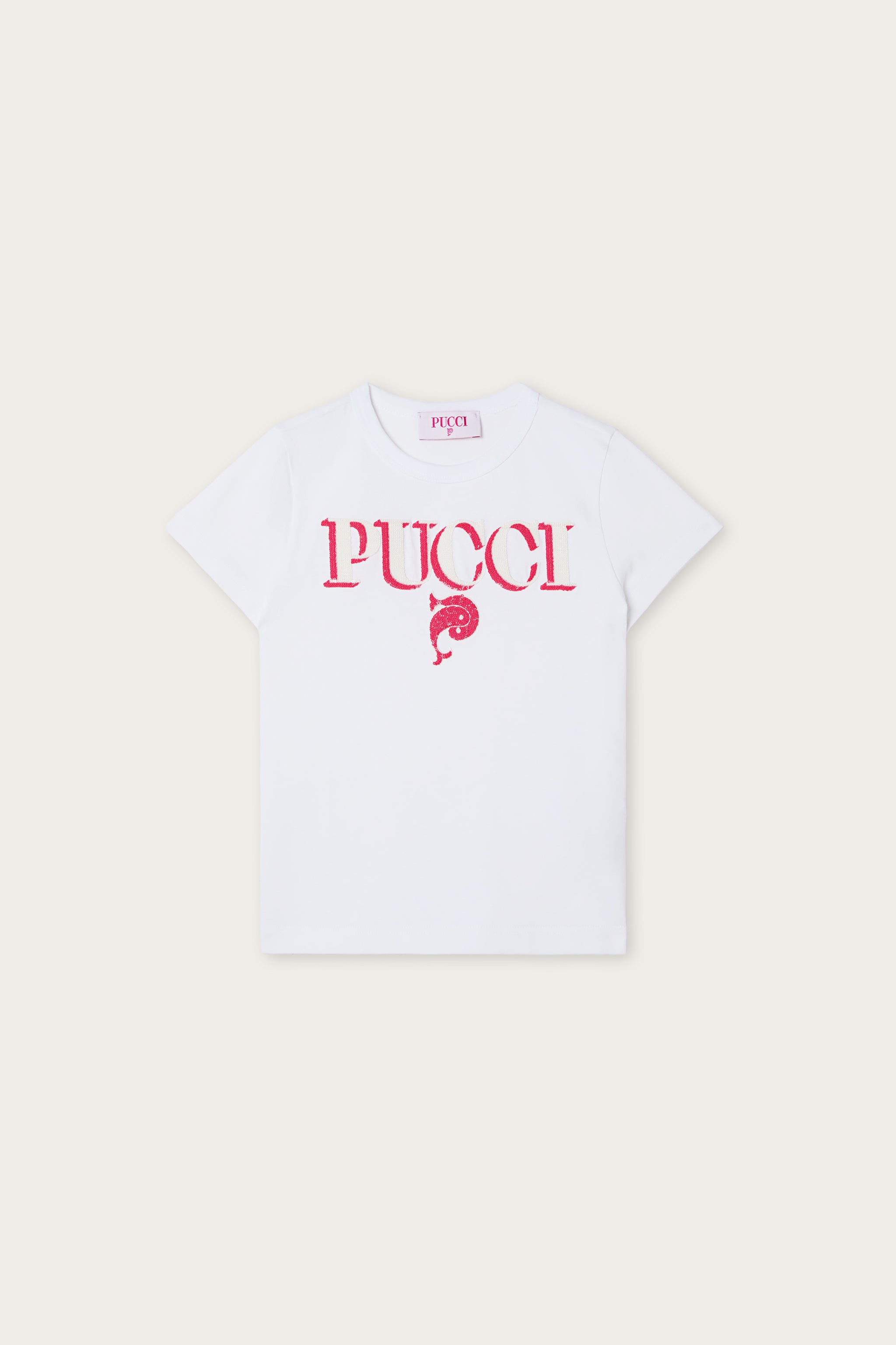 Emilio Pucci Logo t-shirt coton blanc fuchsia paillettes
