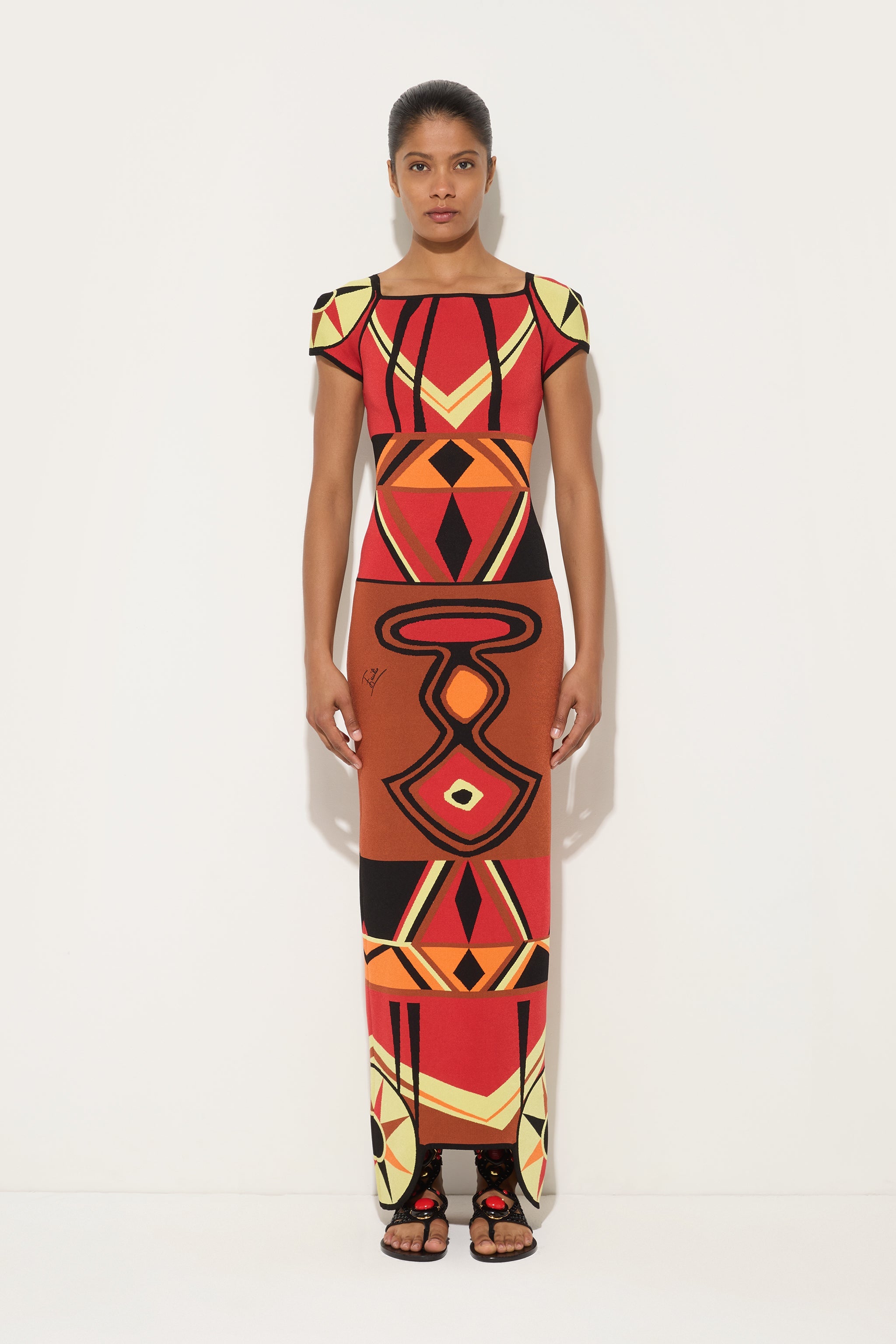 Emilio Pucci Bongo robe longue moulante marron rouge jacquard
