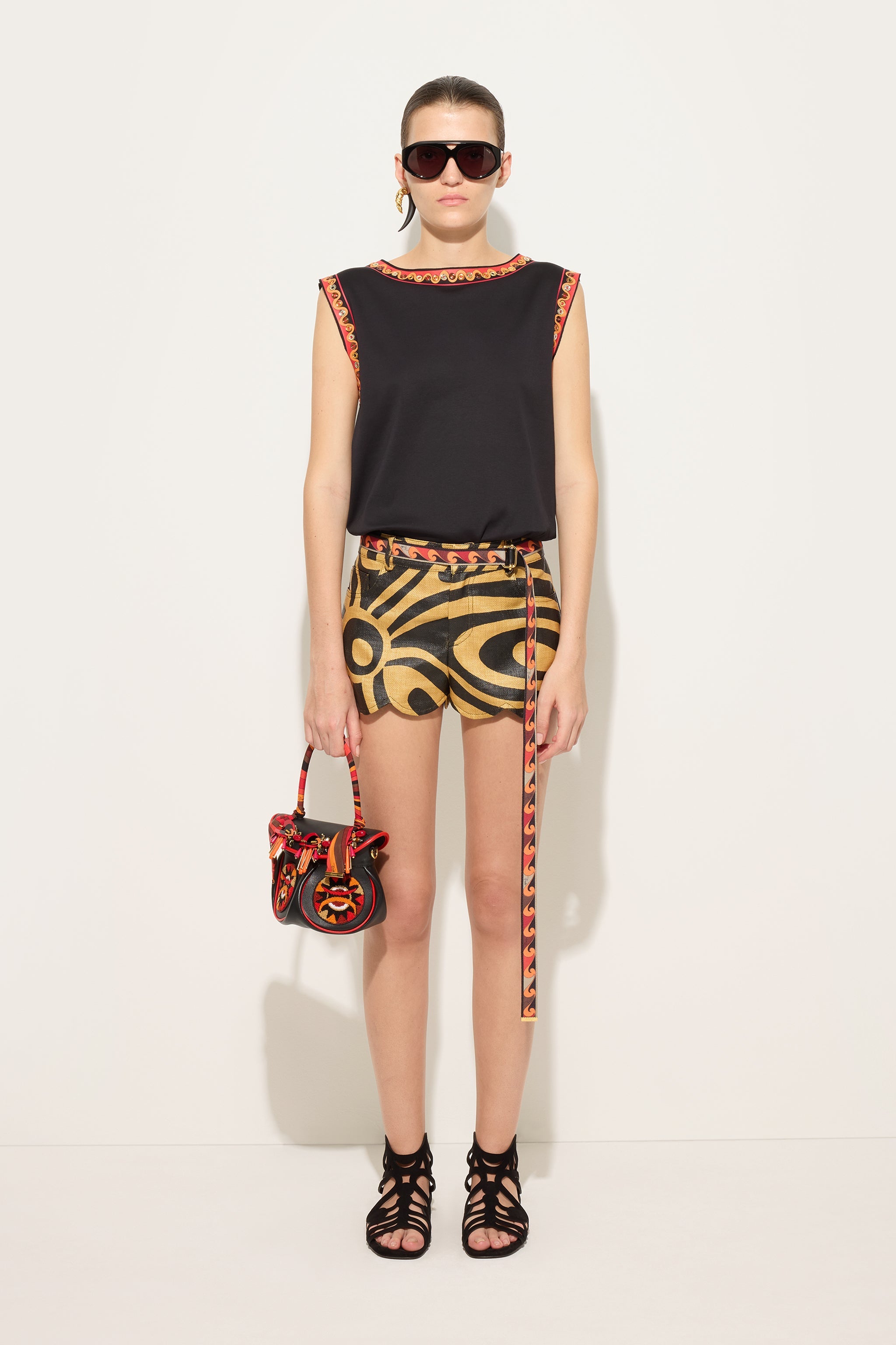 Emilio Pucci Short Raffia Beige/Noir Bords Festonnés