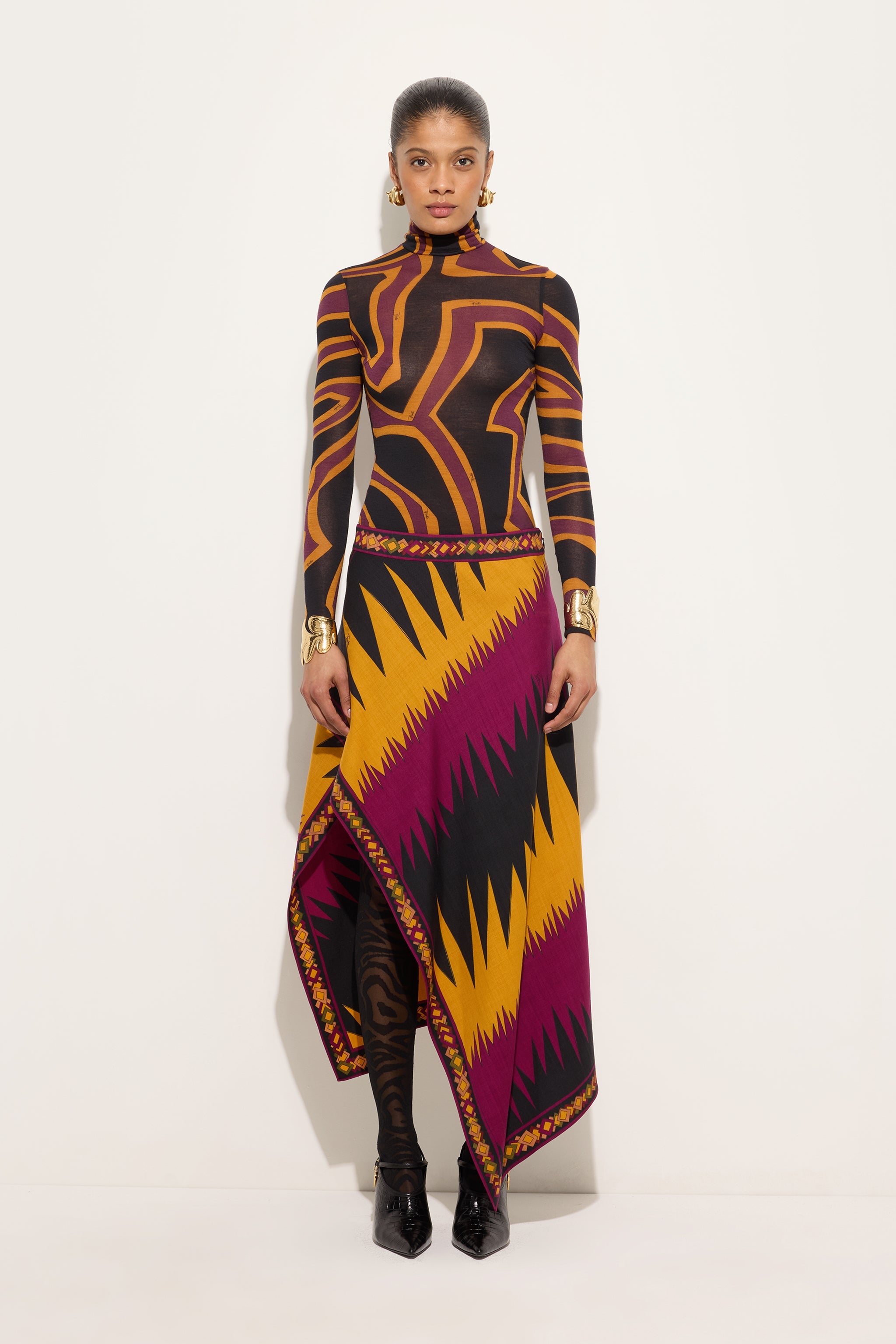 Emilio Pucci Drago jupe longue bordeaux or twill de laine