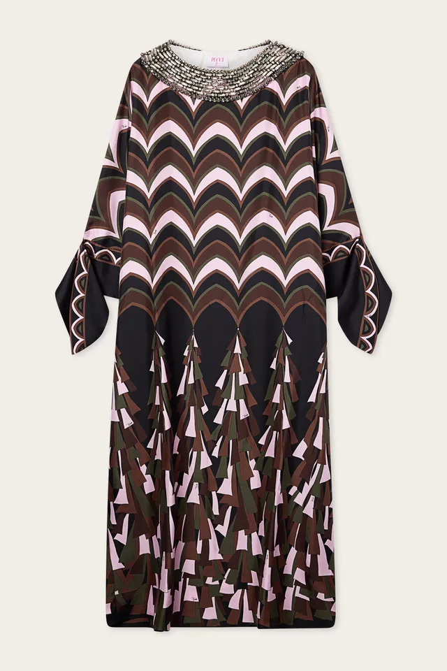 Emilio Pucci Caftano caftan soie kaki rose brodé main