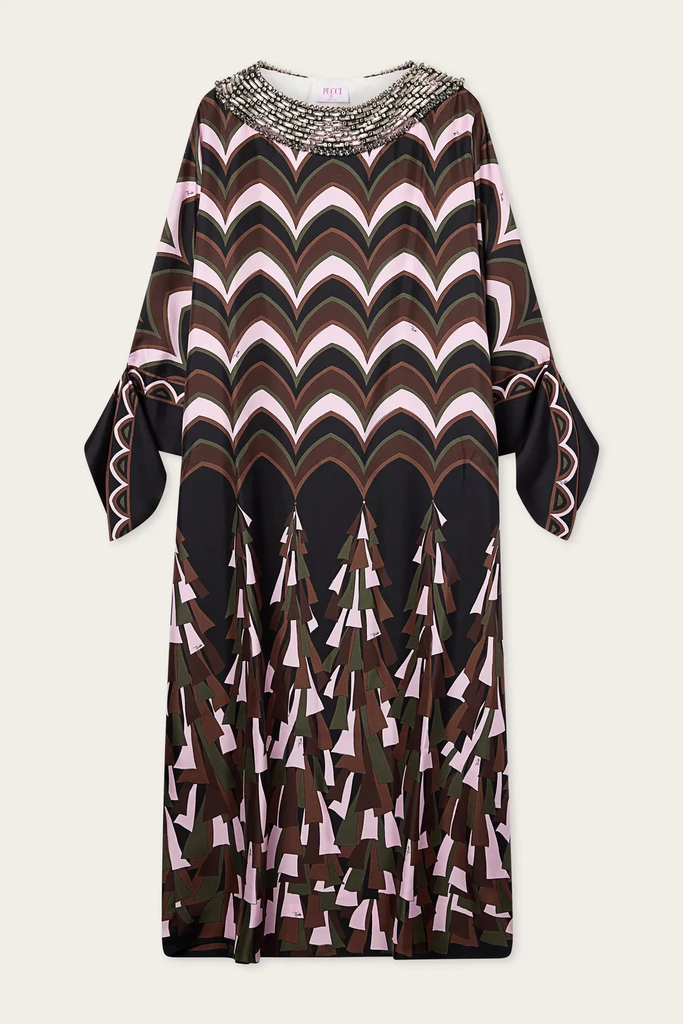 Emilio Pucci Caftano caftan soie kaki rose brodé main