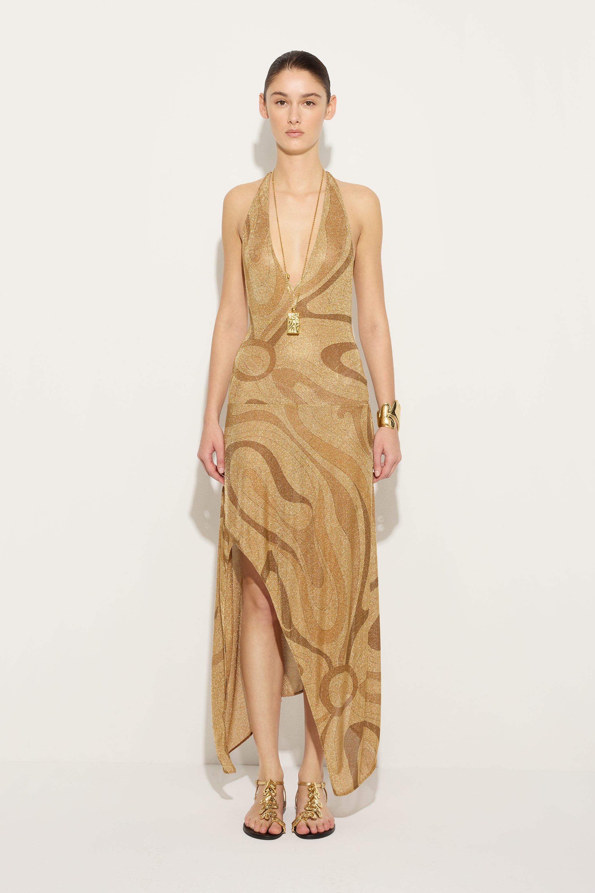 Emilio Pucci Robe Lurex Or 38 Imprimé Marmo Fente