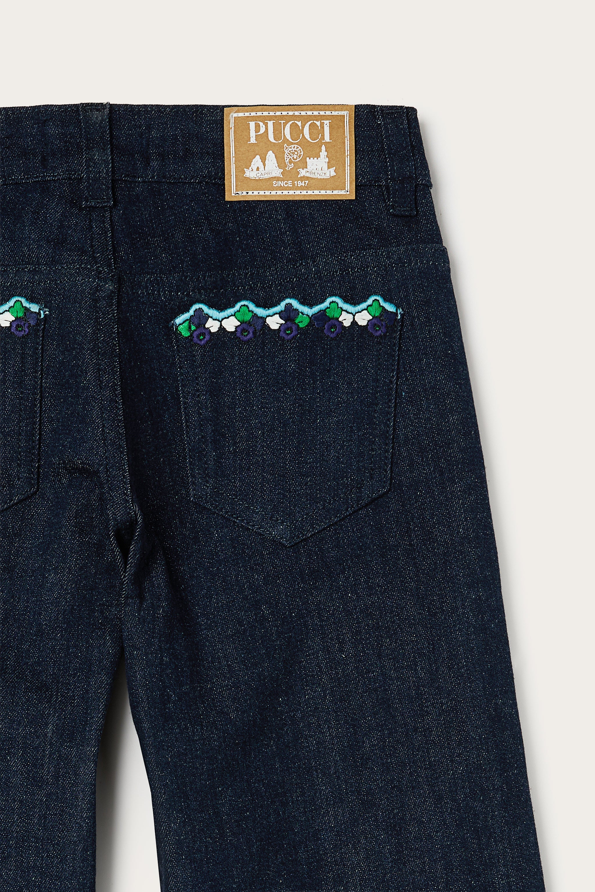 Emilio Pucci pantalon patte denim brodé fille bleu