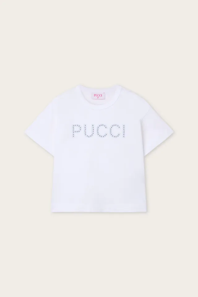 Emilio Pucci T-shirt Coton Bio Blanc Logo Strass Enfant