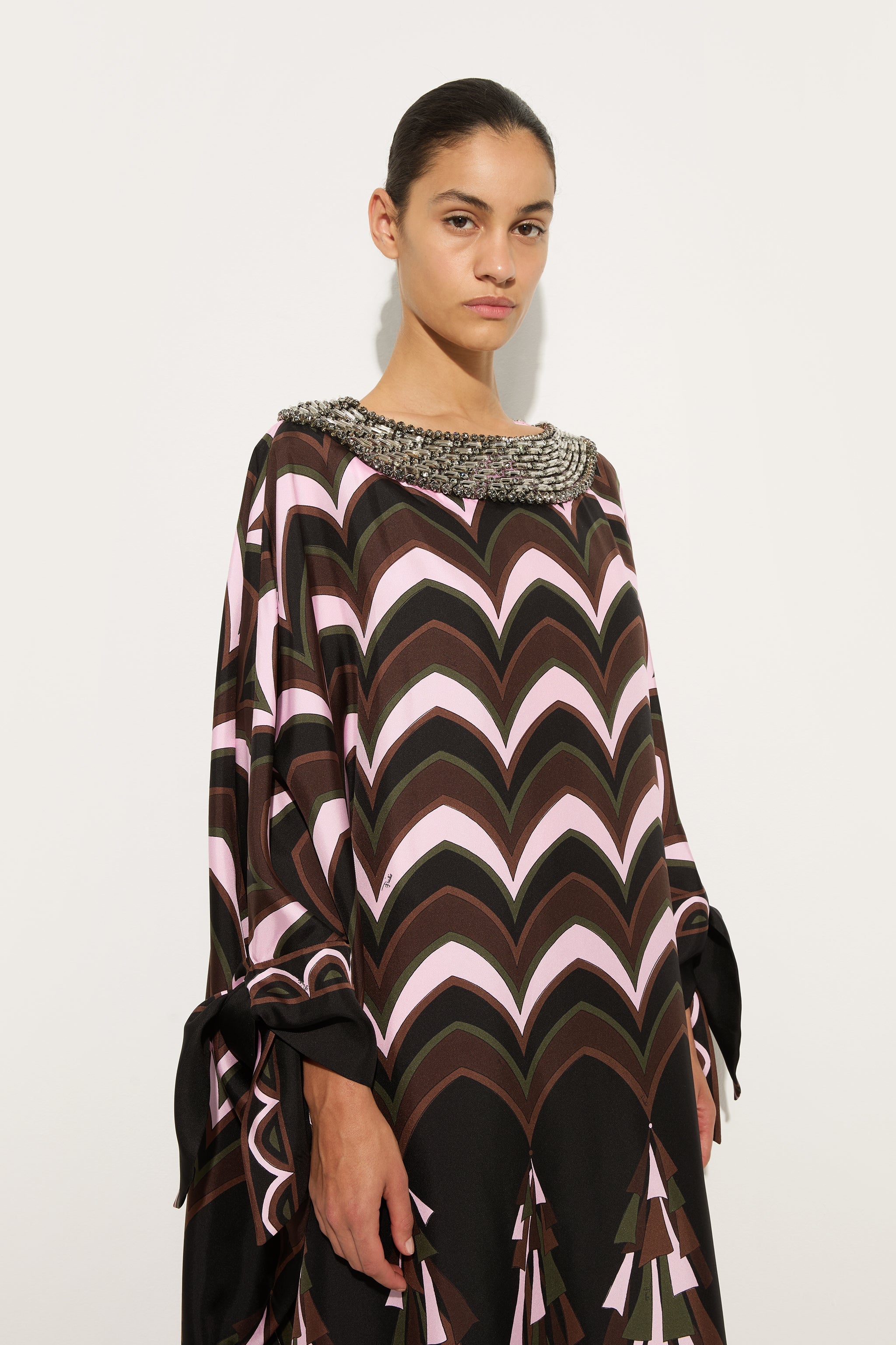 Emilio Pucci Caftano caftan soie kaki rose brodé main