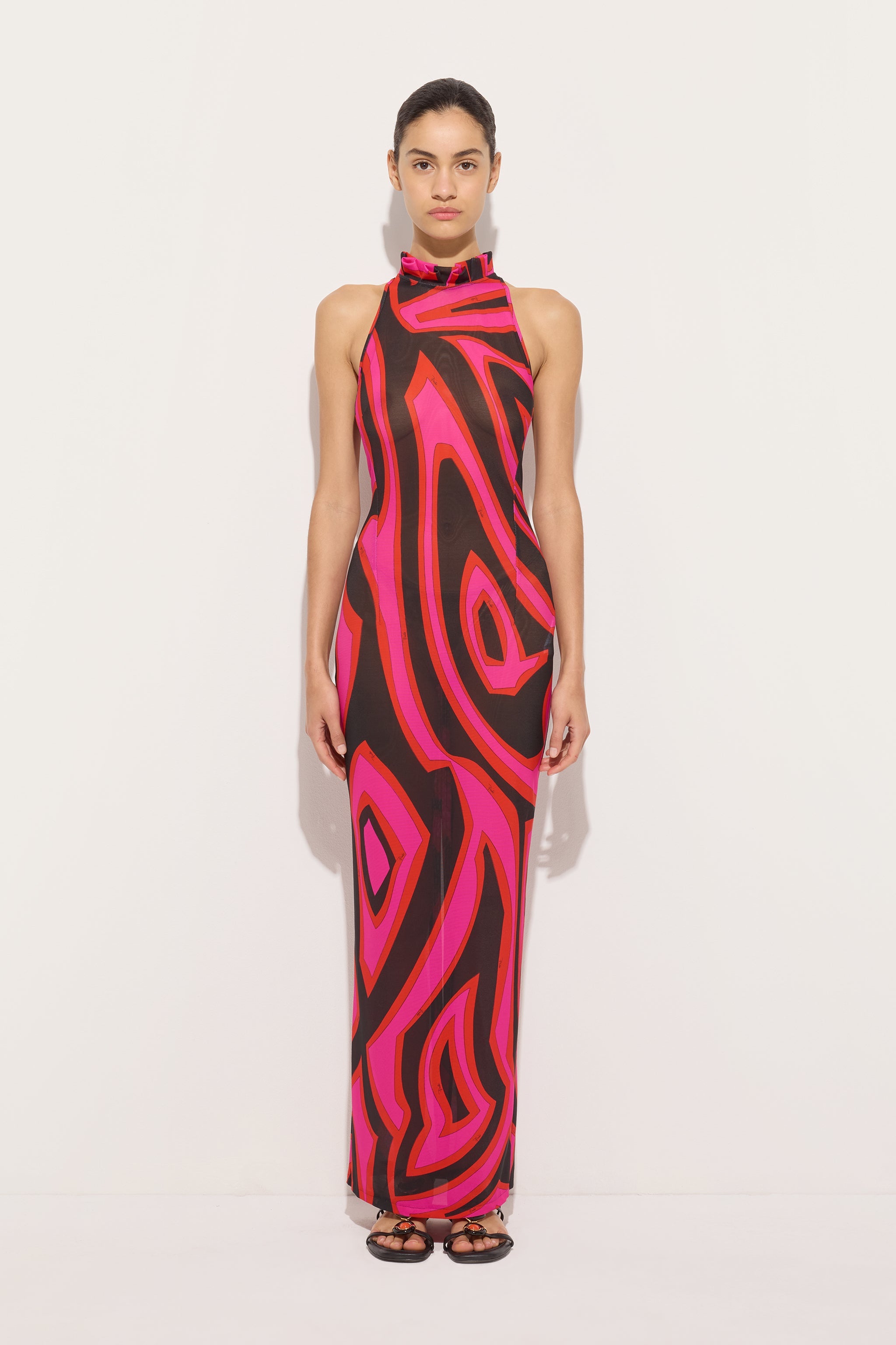 Emilio Pucci Labirinto robe moulante fuchsia noir maille volant