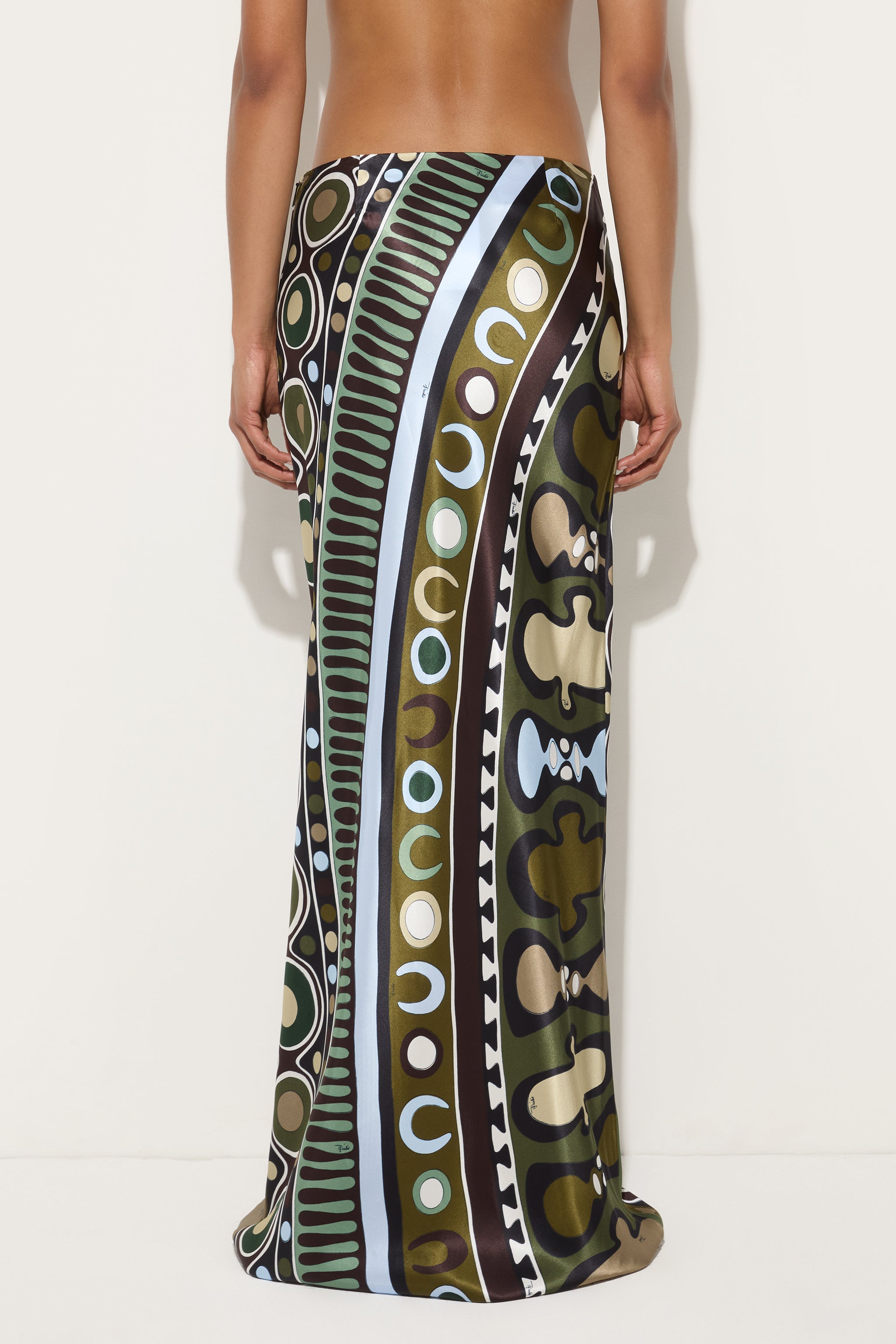 Emilio Pucci Soleil Jupe Longue Khaki/Blue satin