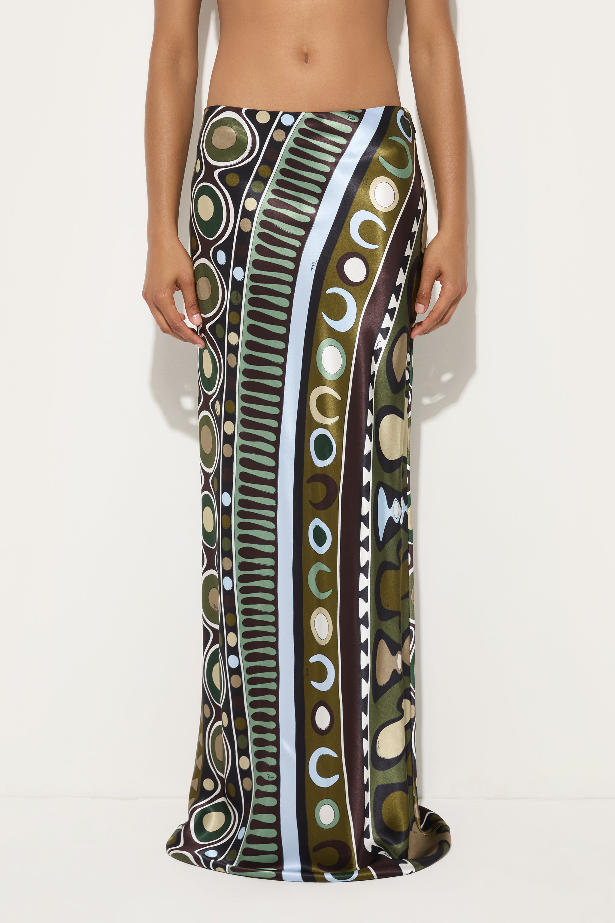 Emilio Pucci Soleil Jupe Longue Khaki/Blue satin
