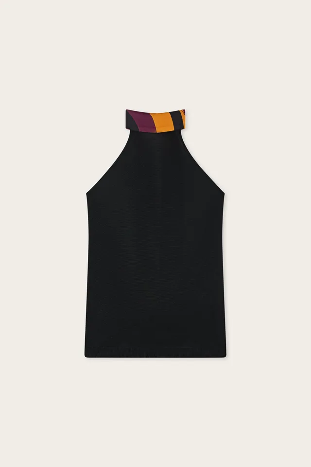 Emilio Pucci Top laine noire foulard soie S col américain