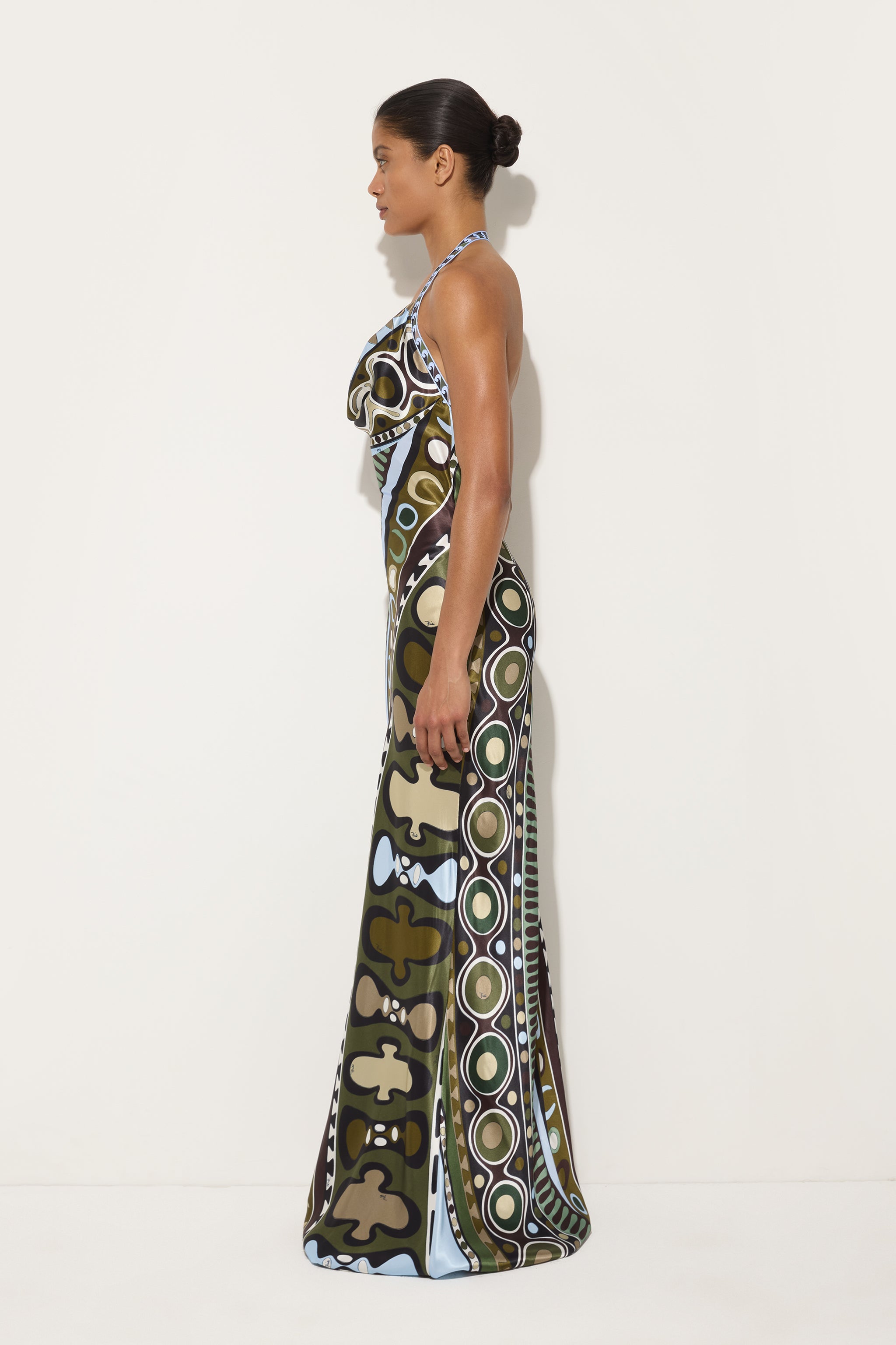 Emilio Pucci Soleil robe longue satin kaki bleu 38