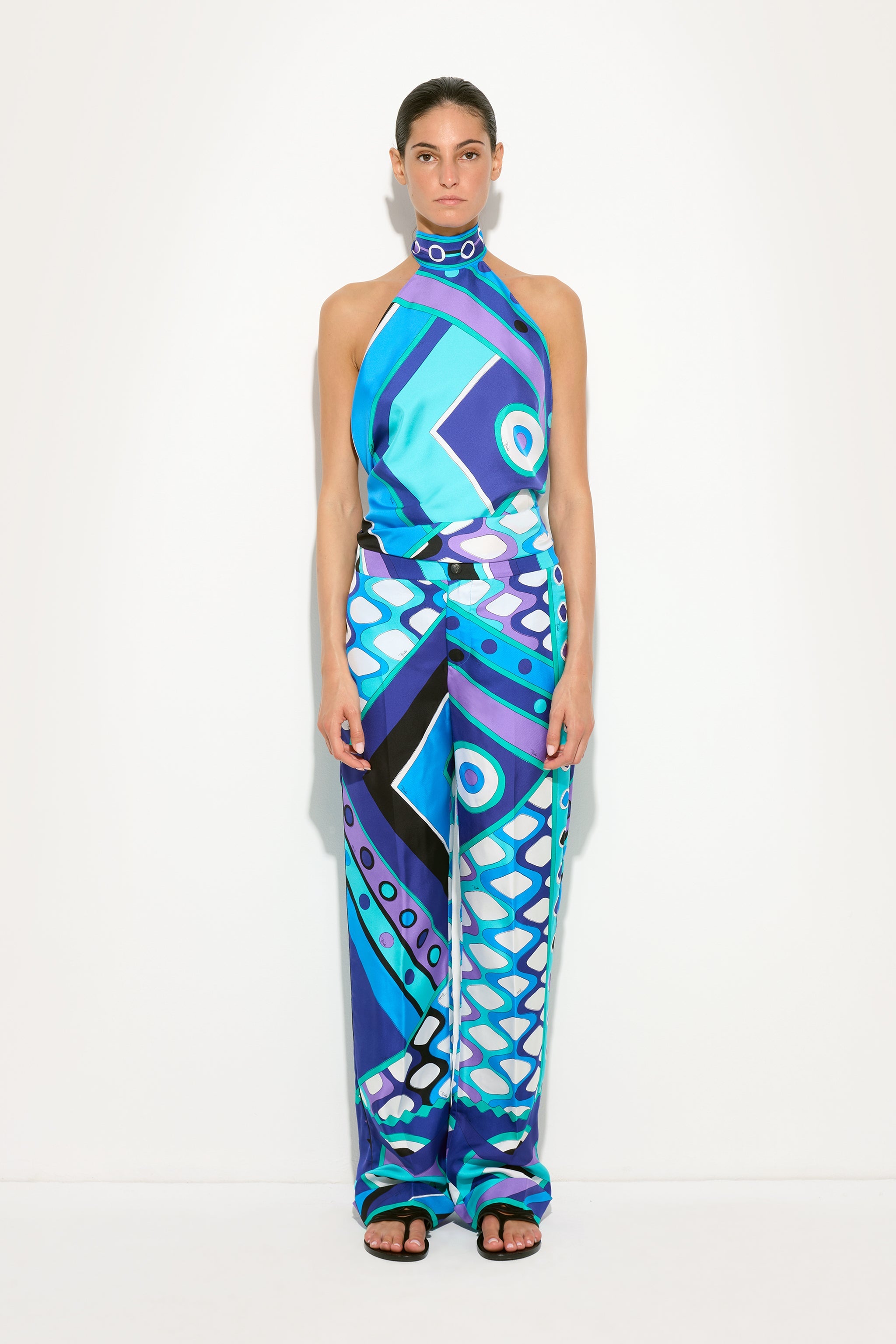 Emilio Pucci Vivara top soie turquoise col montant sans manches