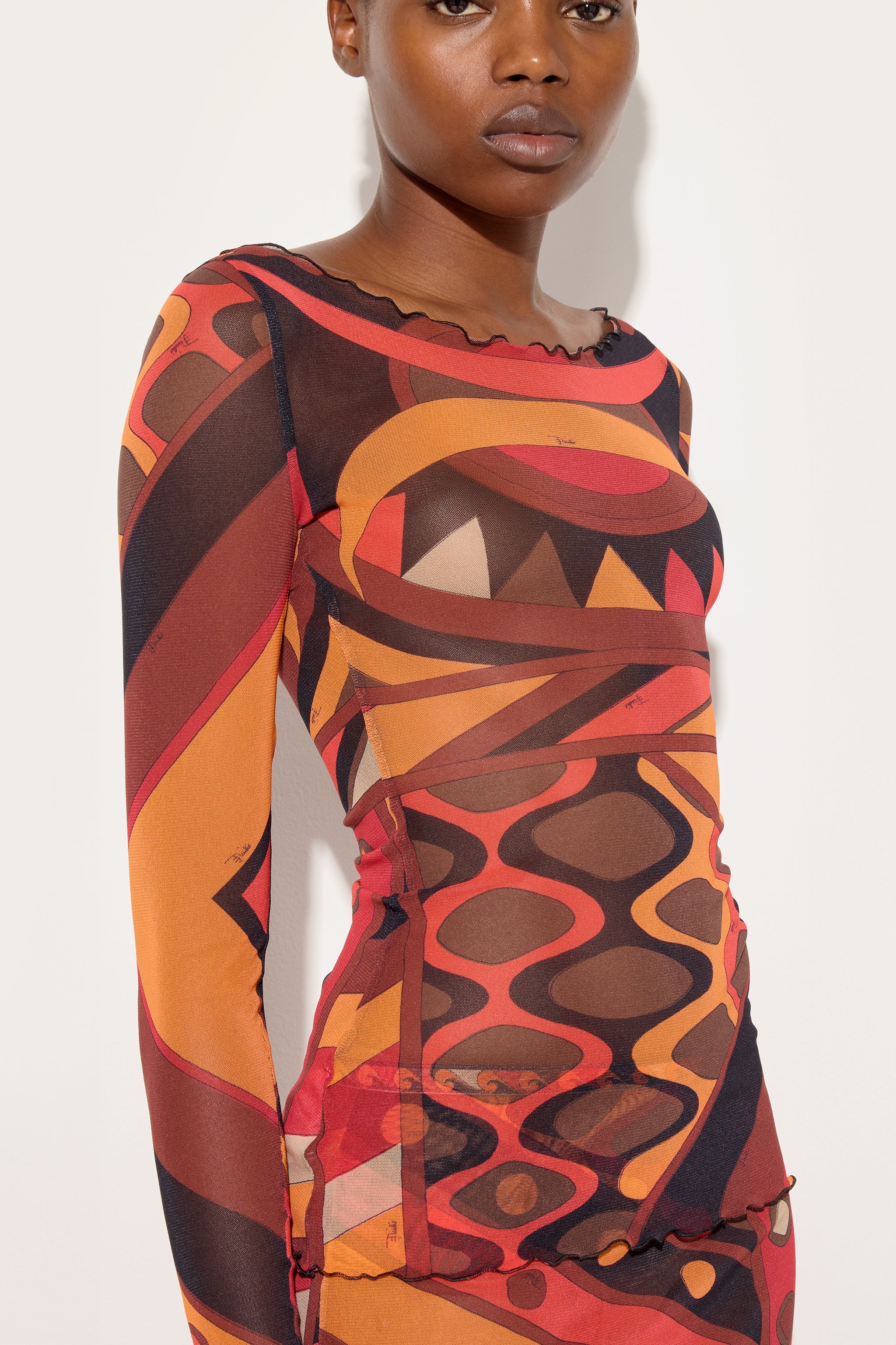 Emilio Pucci Vivara top en tulle orange noir manches longues