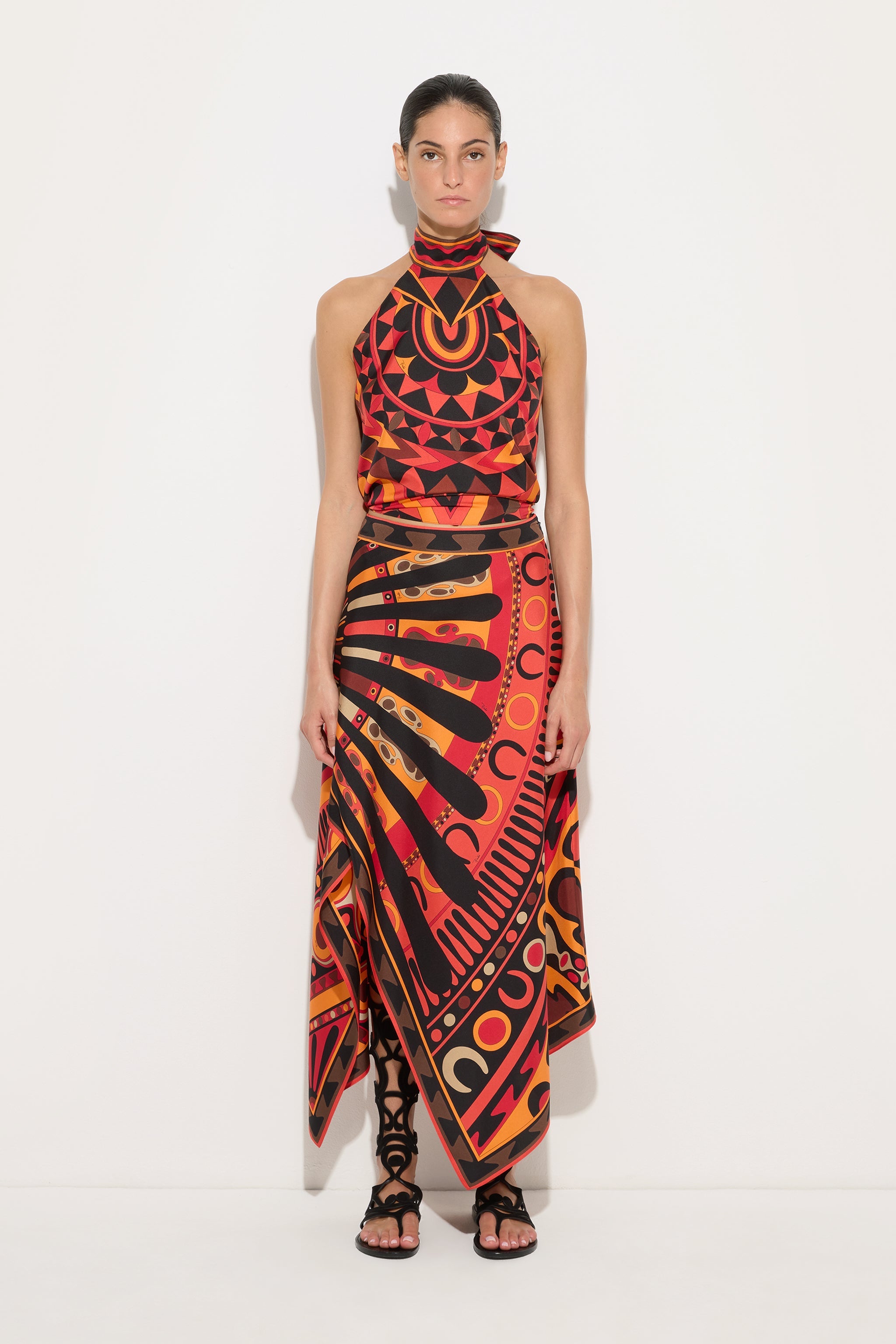 Emilio Pucci Manuba top orange noir soie sans bretelles