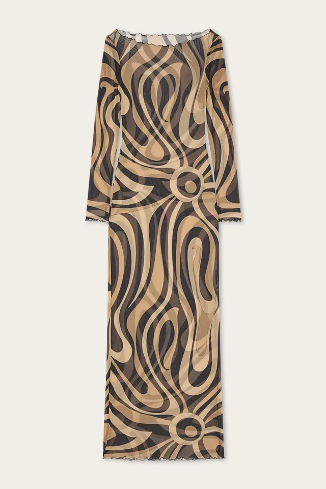 Emilio Pucci robe longue tulle beige noir Marmo adhérente
