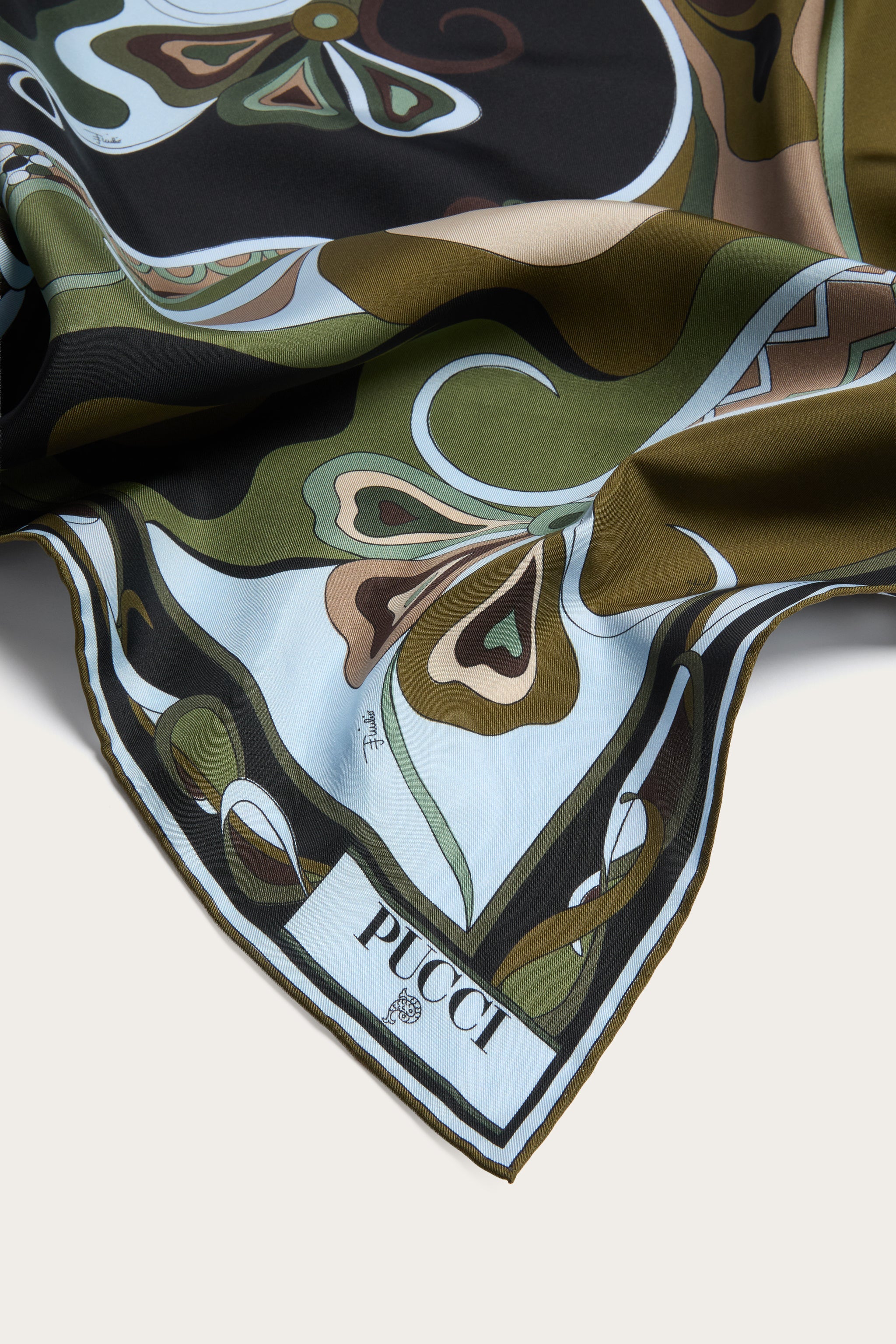 Emilio Pucci Foulard Soie Orchidées Kaki Noir 90x90