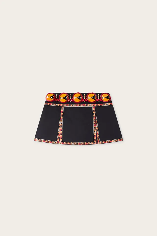 Emilio Pucci jupe brodée noire coton ceinture bijou