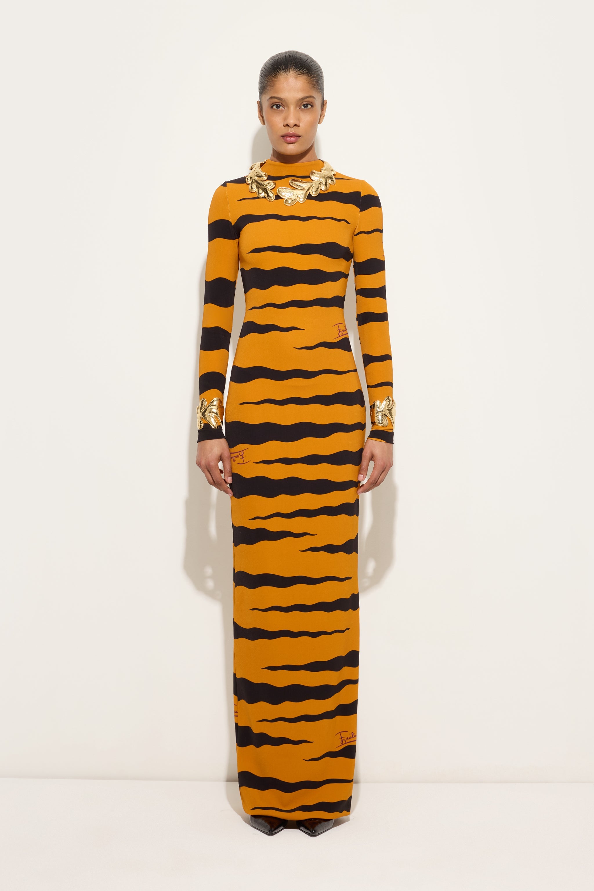 Emilio Pucci Robe Longue Fiamme Noir Or 38-48
