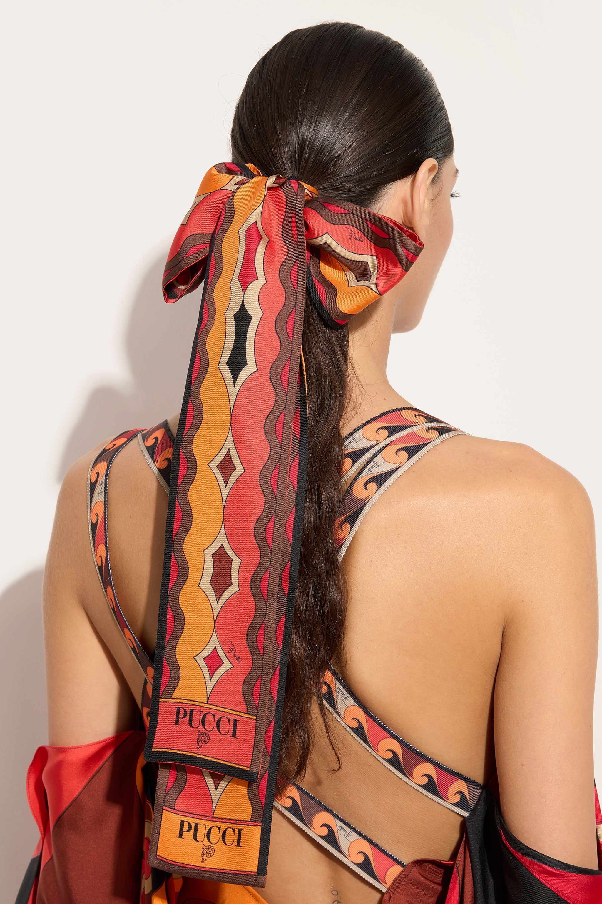 Emilio Pucci Mix foulard soie orange noir 8x160 cm