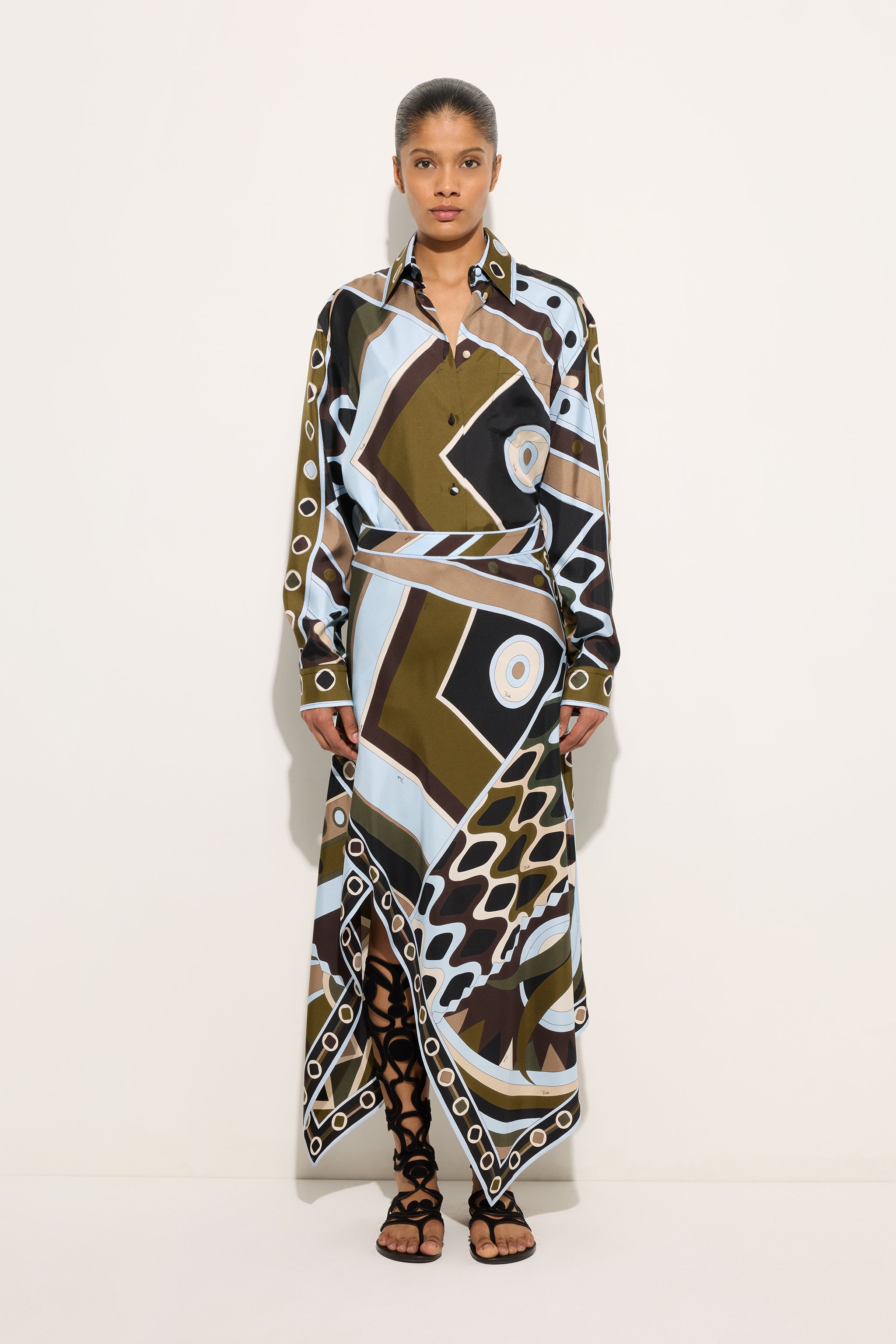 Emilio Pucci chemise soie Vivara kaki bleu