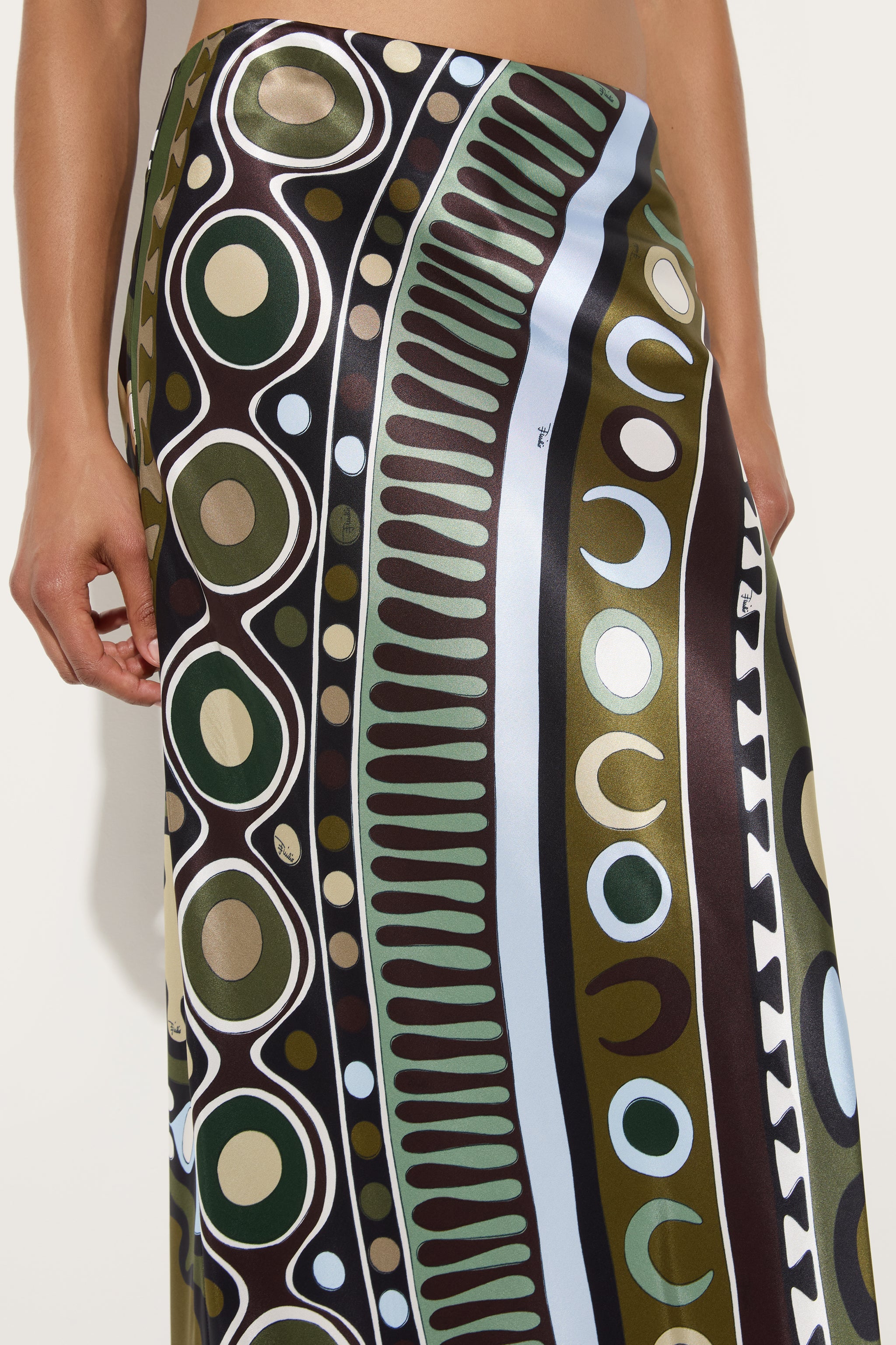 Emilio Pucci Soleil Jupe Longue Khaki/Blue satin