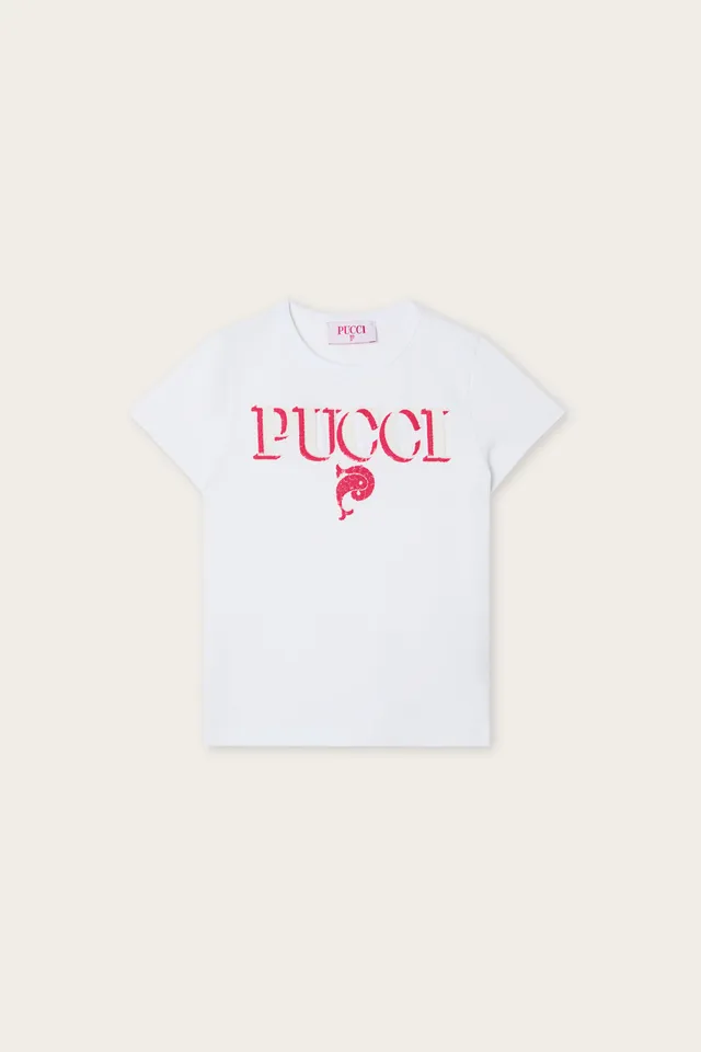 Emilio Pucci Logo t-shirt coton blanc fuchsia paillettes